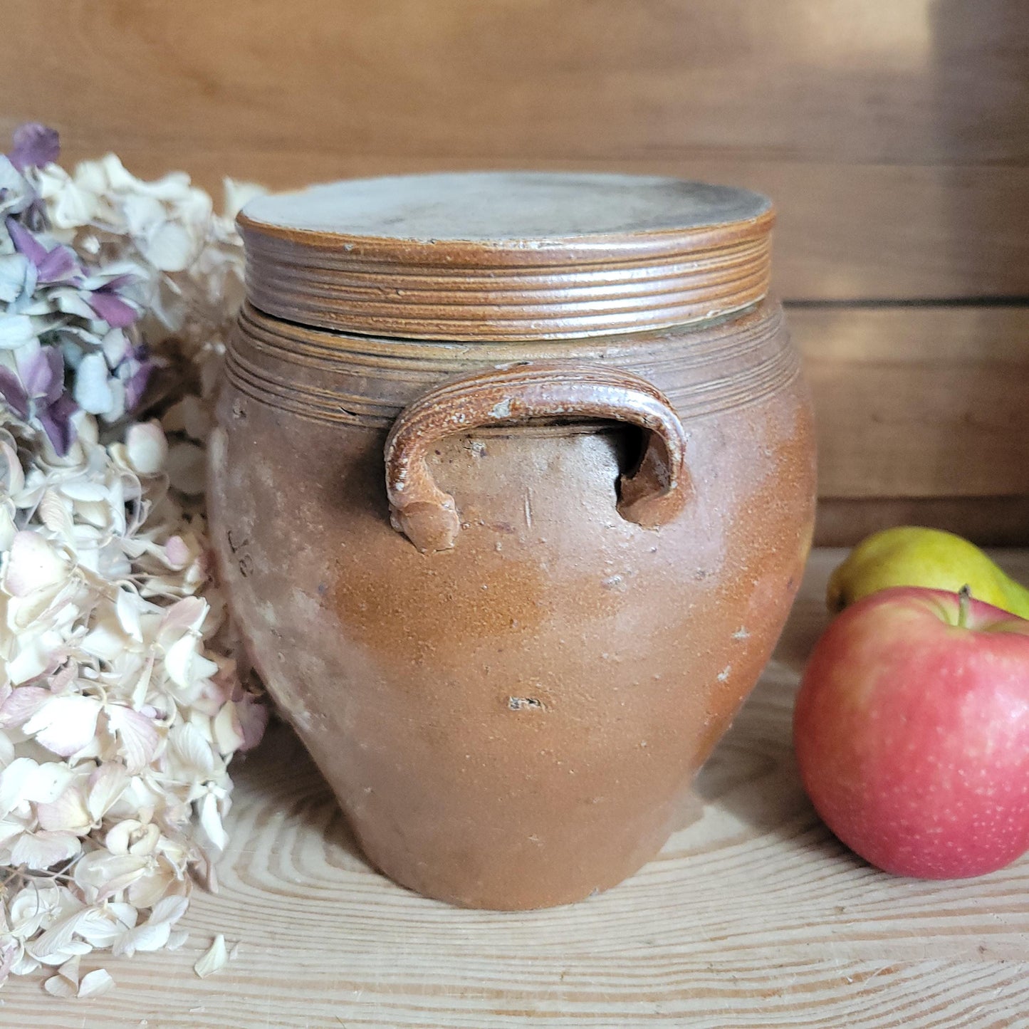 Antique Confit Pot with russet brown glaze and lid and tapered sides c.1910