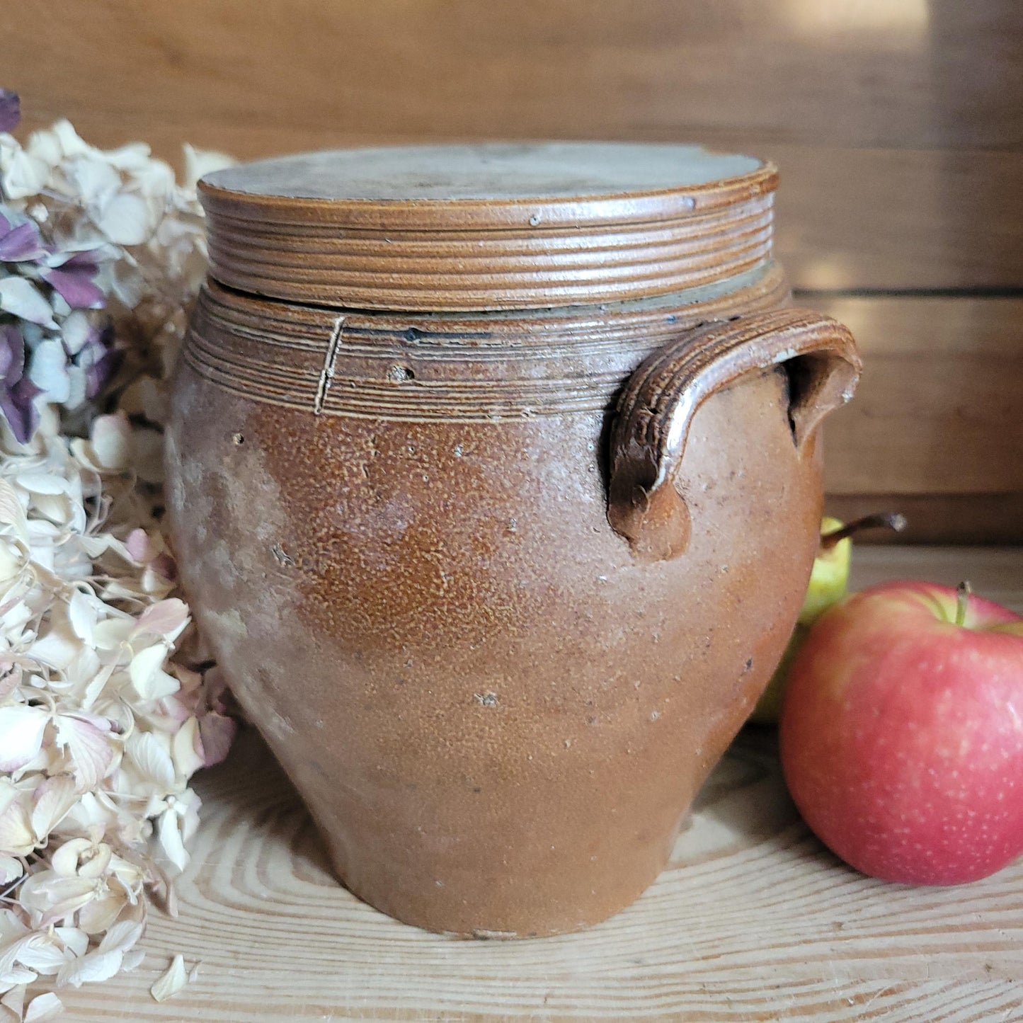 Antique Confit Pot with russet brown glaze and lid and tapered sides c.1910
