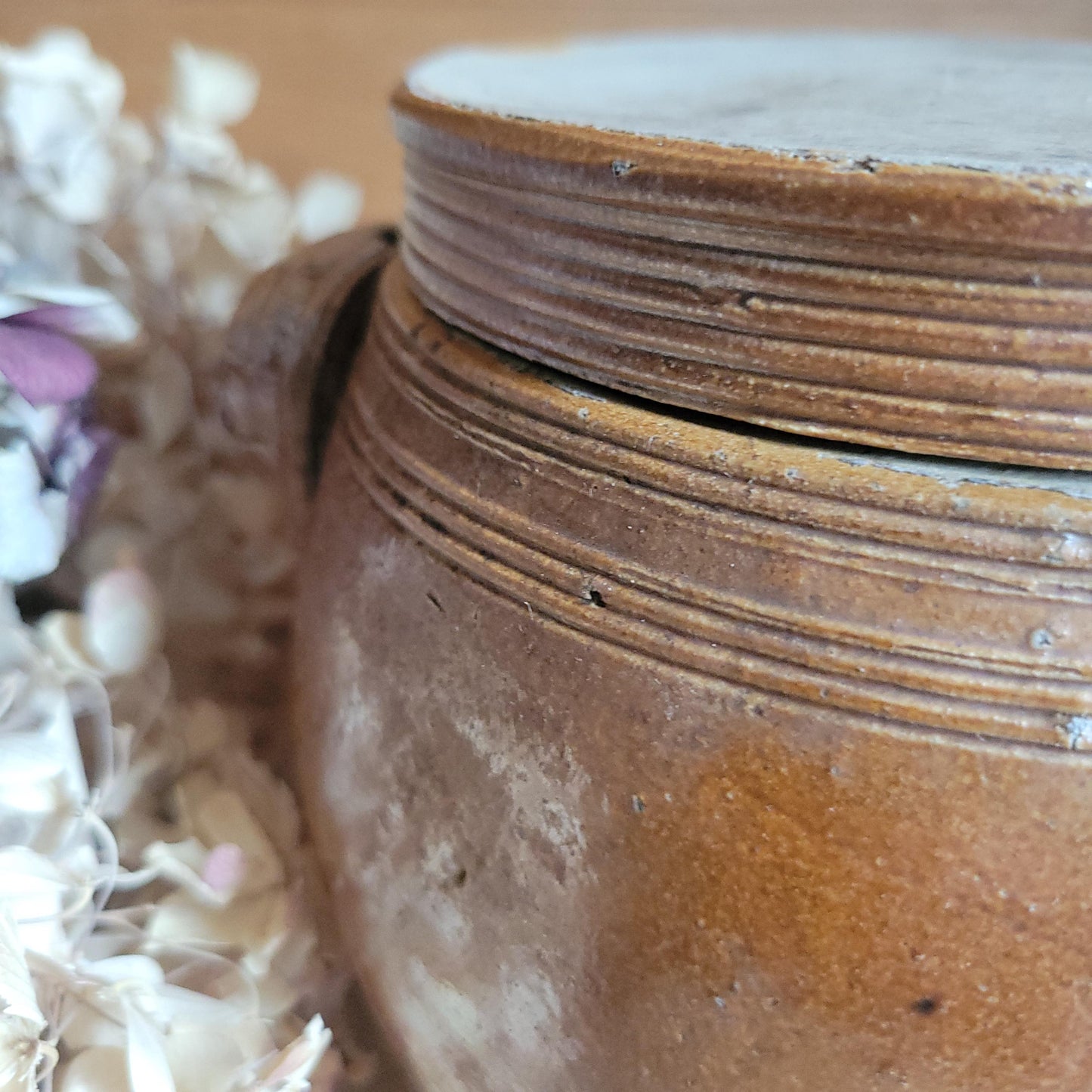 Antique Confit Pot with russet brown glaze and lid and tapered sides c.1910