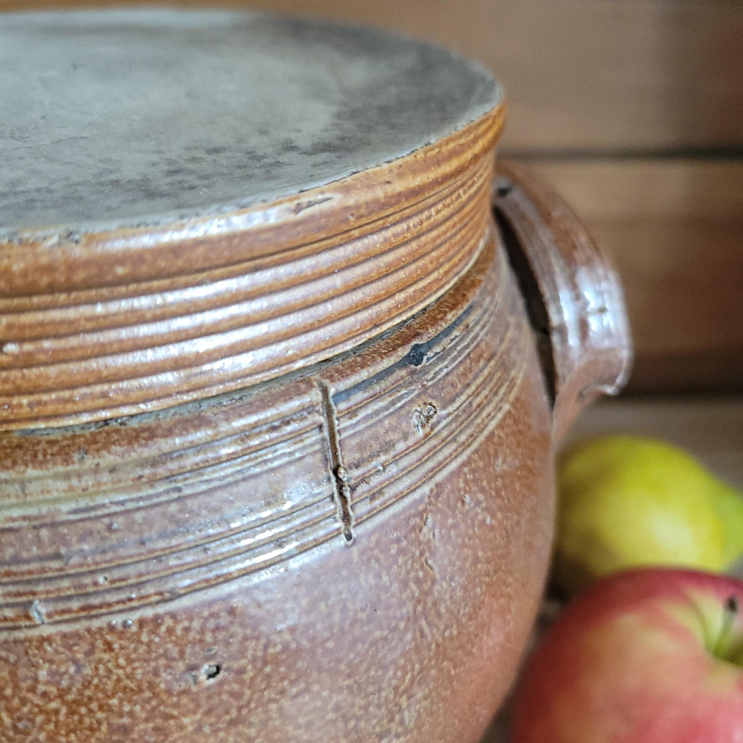 Antique Confit Pot with russet brown glaze and lid and tapered sides c.1910