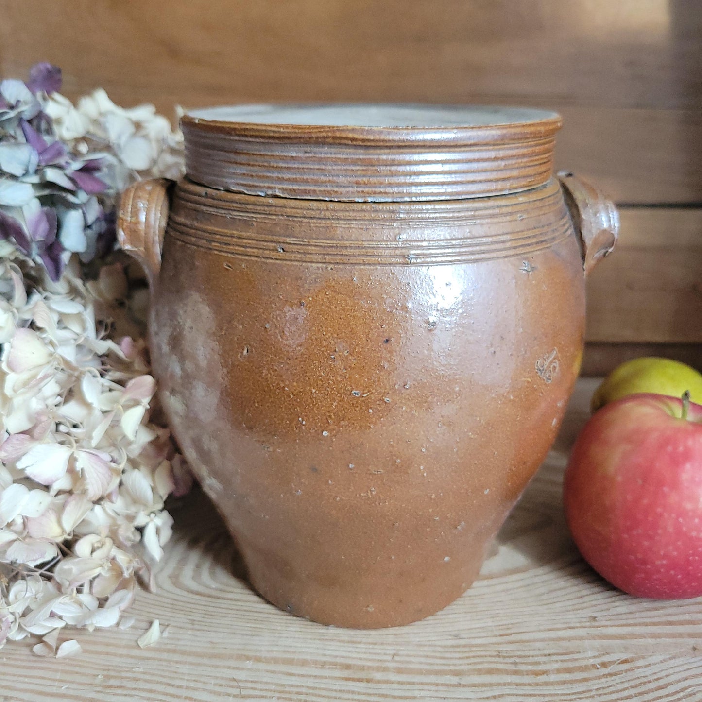 Antique Confit Pot with russet brown glaze and lid and tapered sides c.1910