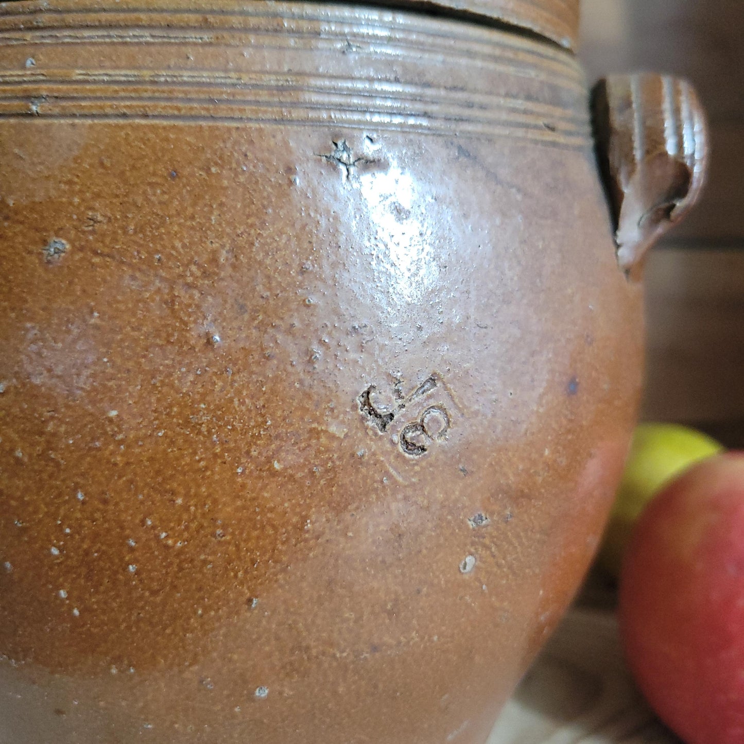 Antique Confit Pot with russet brown glaze and lid and tapered sides c.1910