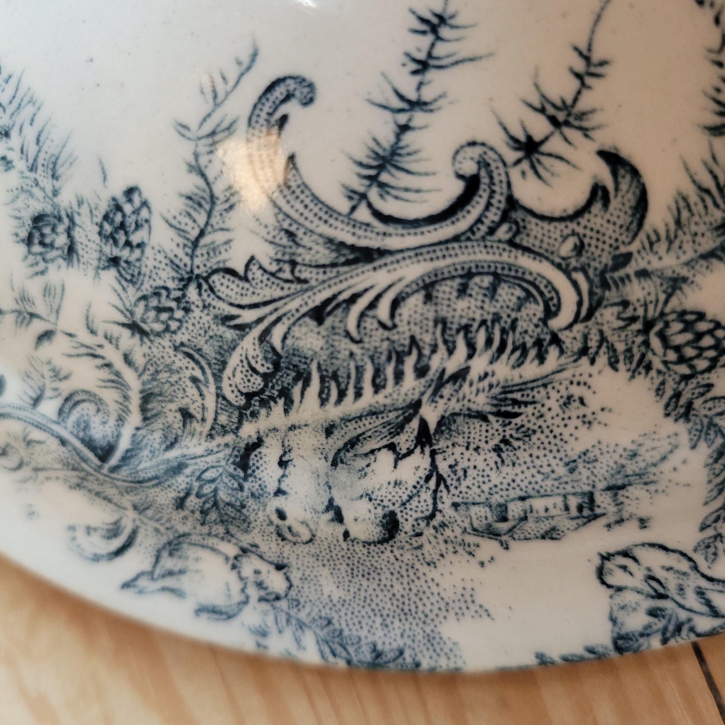 Small Legumier by Grigny, Blue and White Transferware with Nesting Birds, France 1900