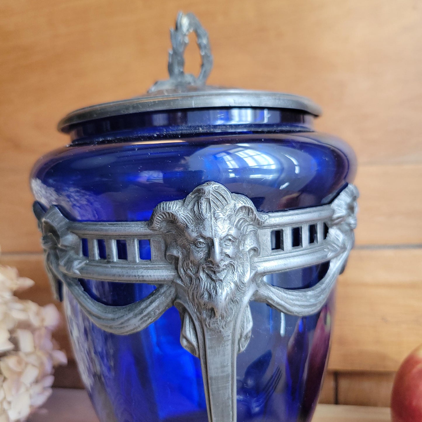 Antique Glass Cache pot with faceted blue glass and pewter mount France c 1900