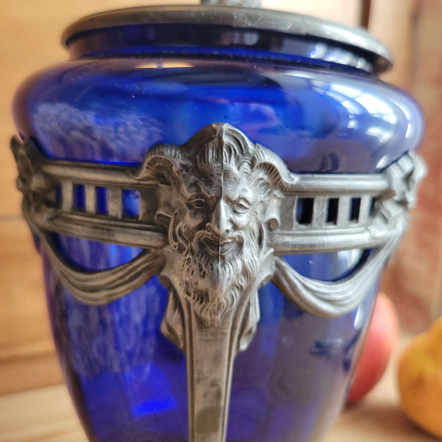Antique Glass Cache pot with faceted blue glass and pewter mount France c 1900