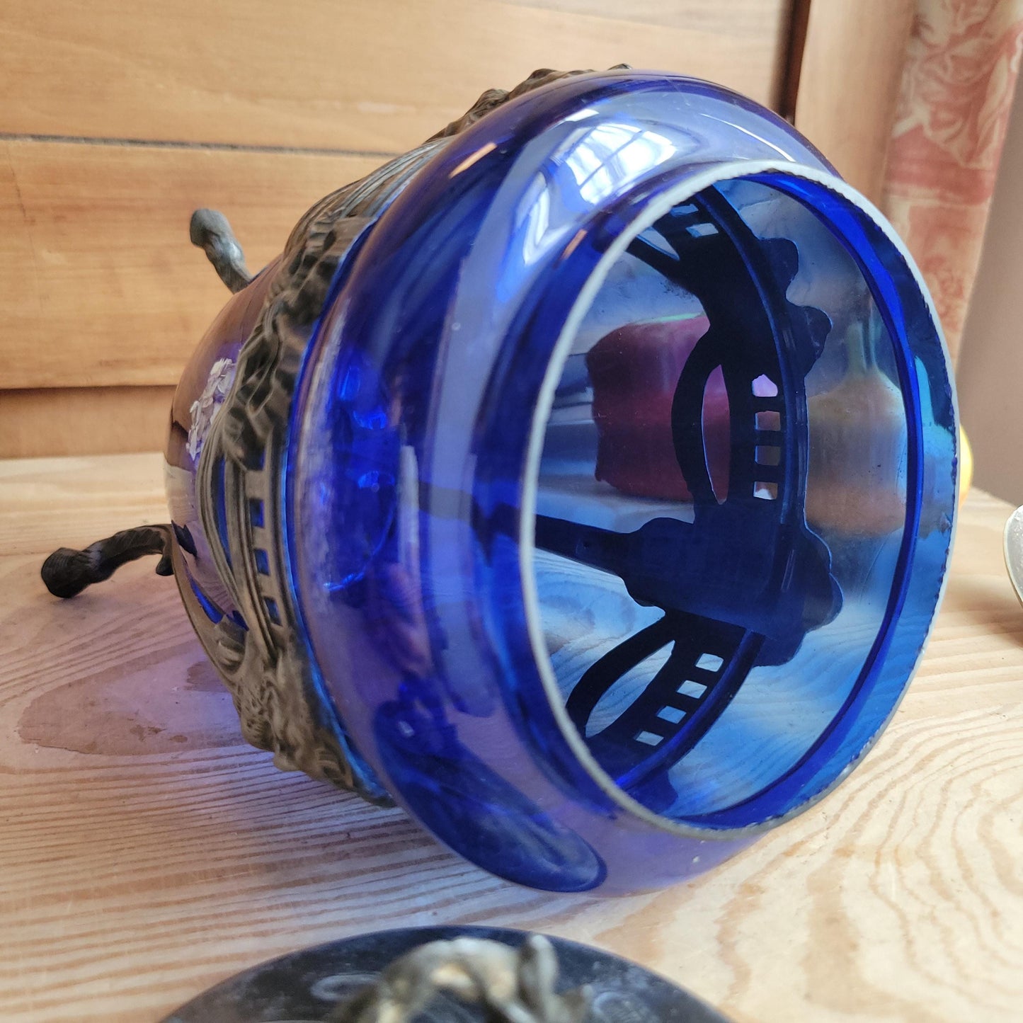 Antique Glass Cache pot with faceted blue glass and pewter mount France c 1900