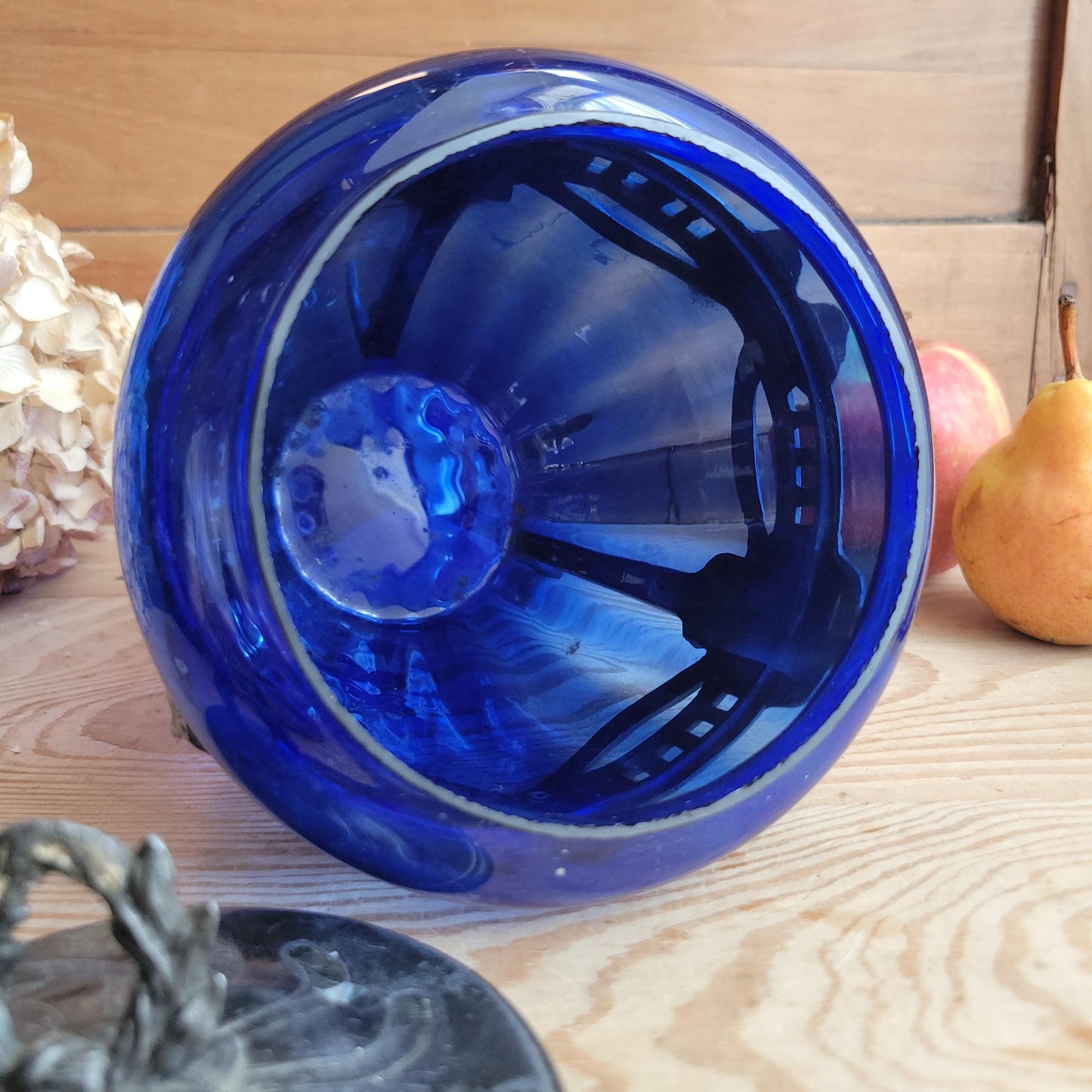 Antique Glass Cache pot with faceted blue glass and pewter mount France c 1900