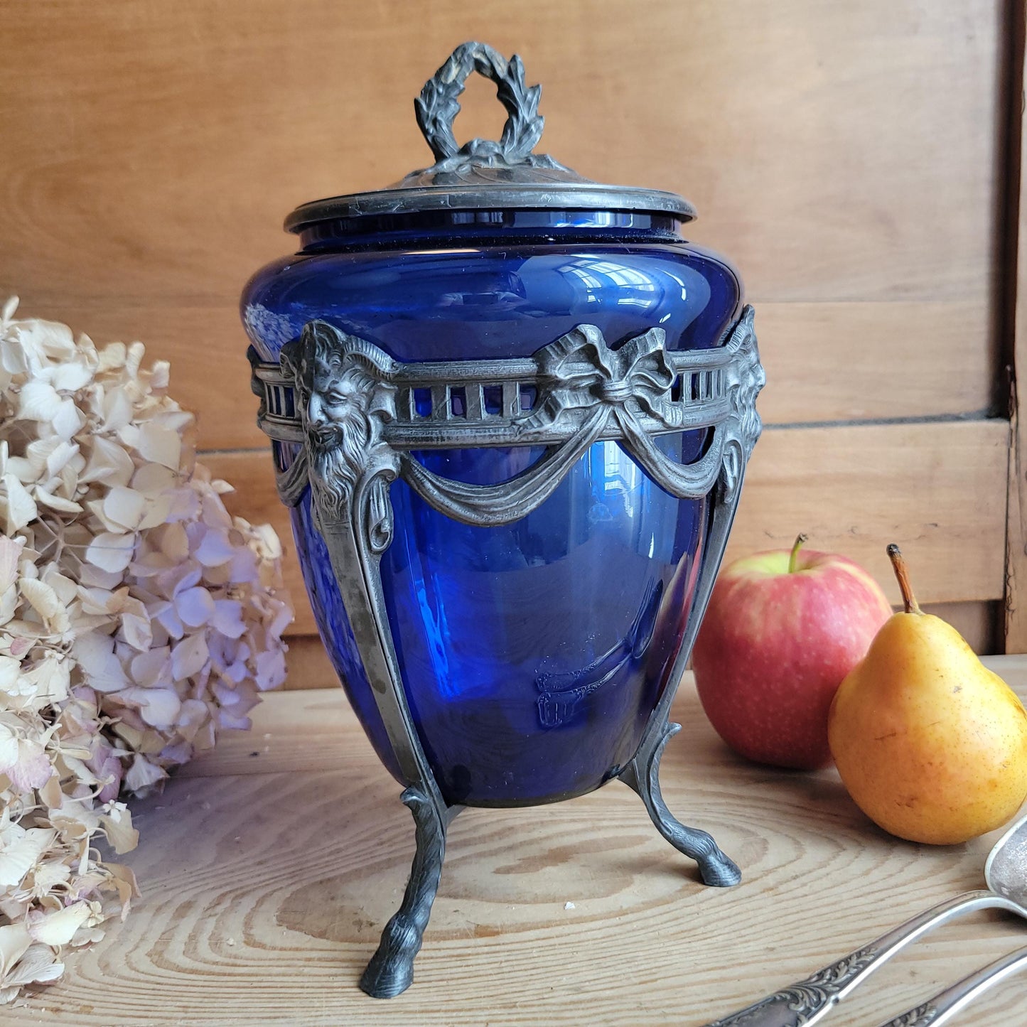 Antique Glass Cache pot with faceted blue glass and pewter mount France c 1900