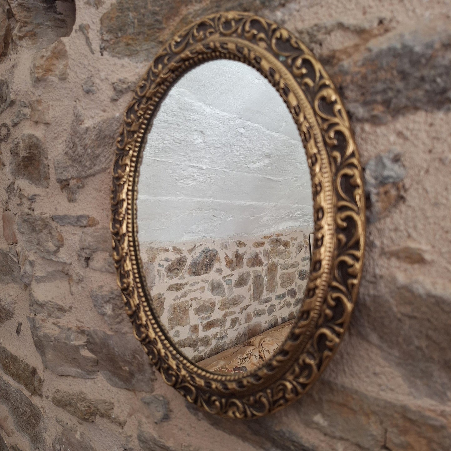 Antique French Gilt Metal Oval Mirror Ornate Frame c1920 Small Wall Mirror
