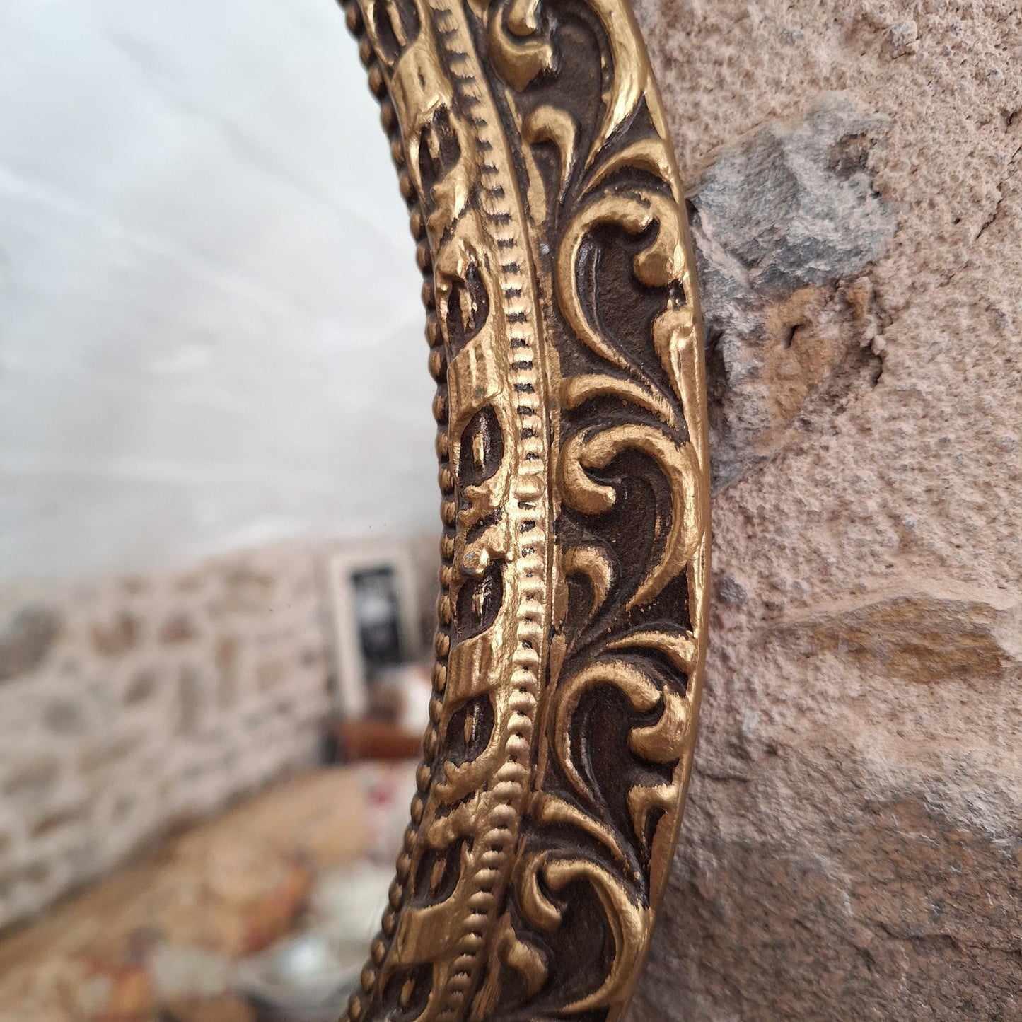Antique French Gilt Metal Oval Mirror Ornate Frame c1920 Small Wall Mirror