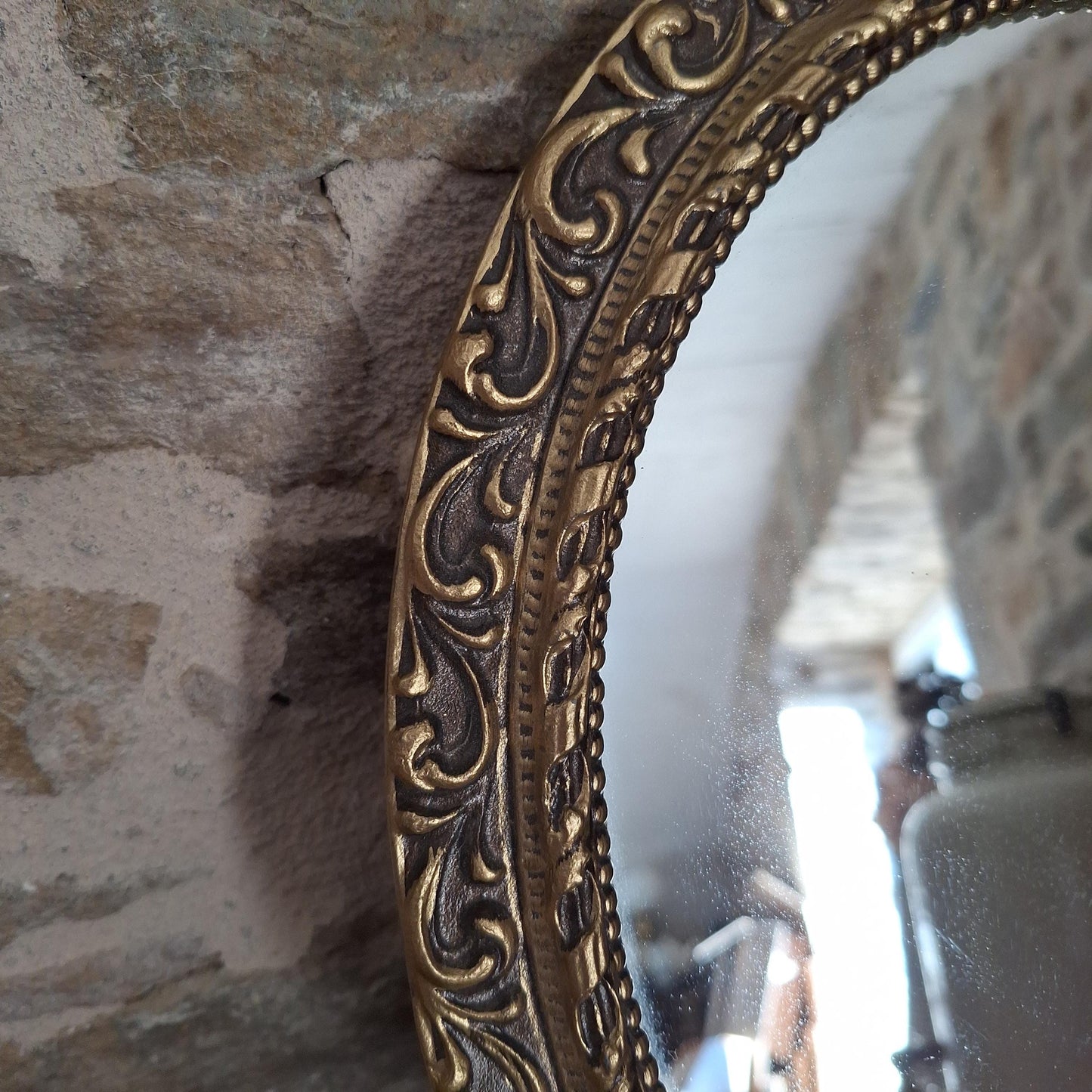 Antique French Gilt Metal Oval Mirror Ornate Frame c1920 Small Wall Mirror