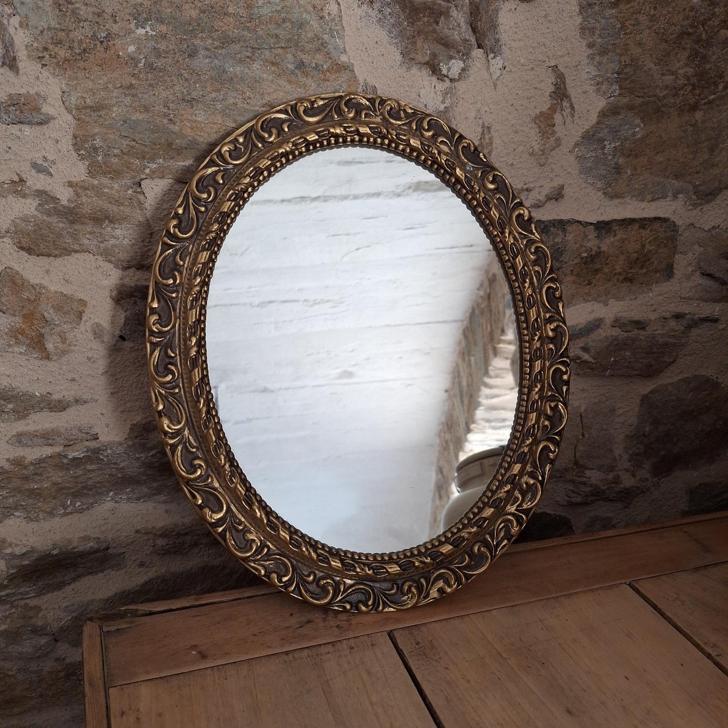 Antique French Gilt Metal Oval Mirror Ornate Frame c1920 Small Wall Mirror