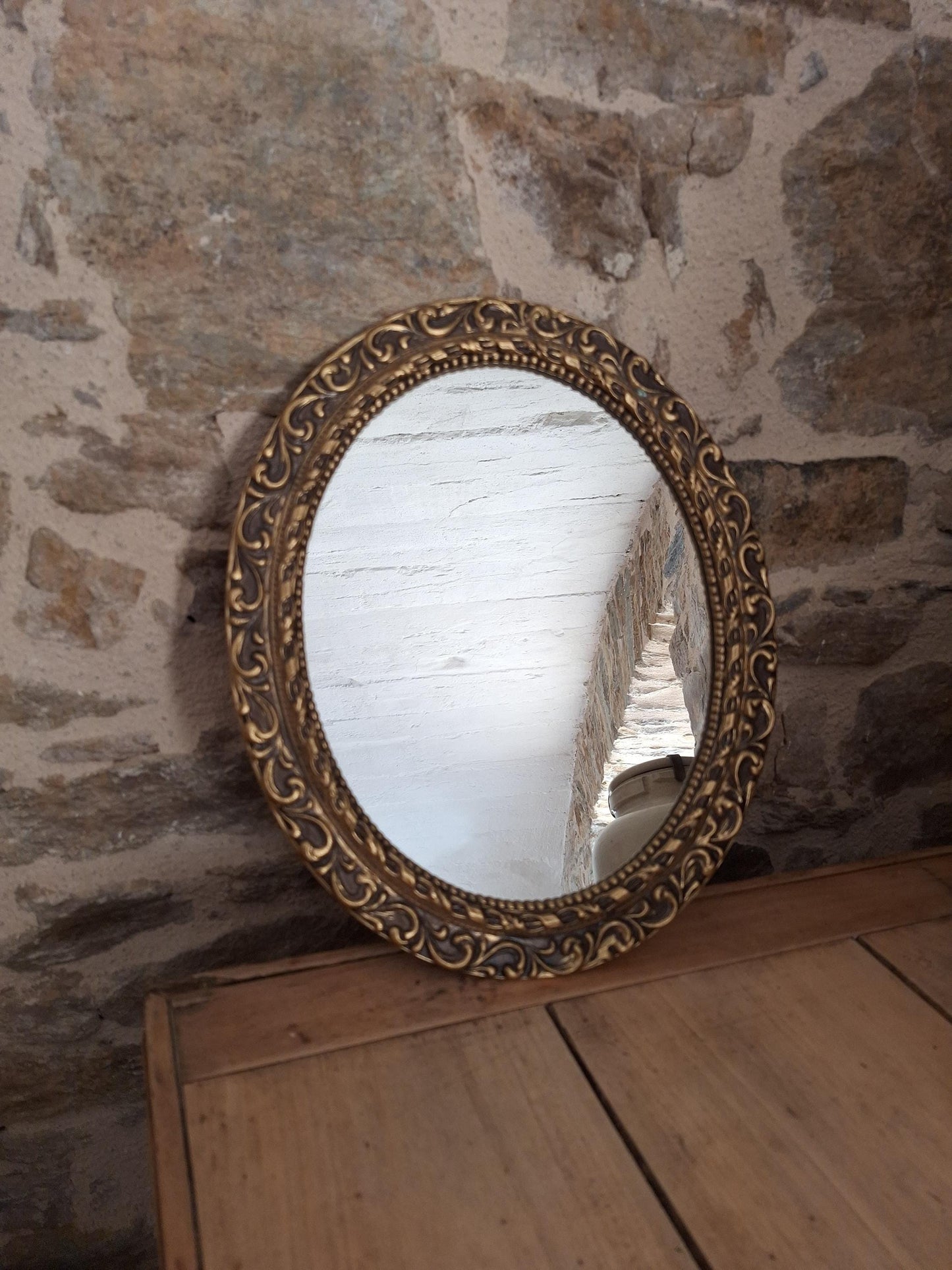 Antique French Gilt Metal Oval Mirror Ornate Frame c1920 Small Wall Mirror