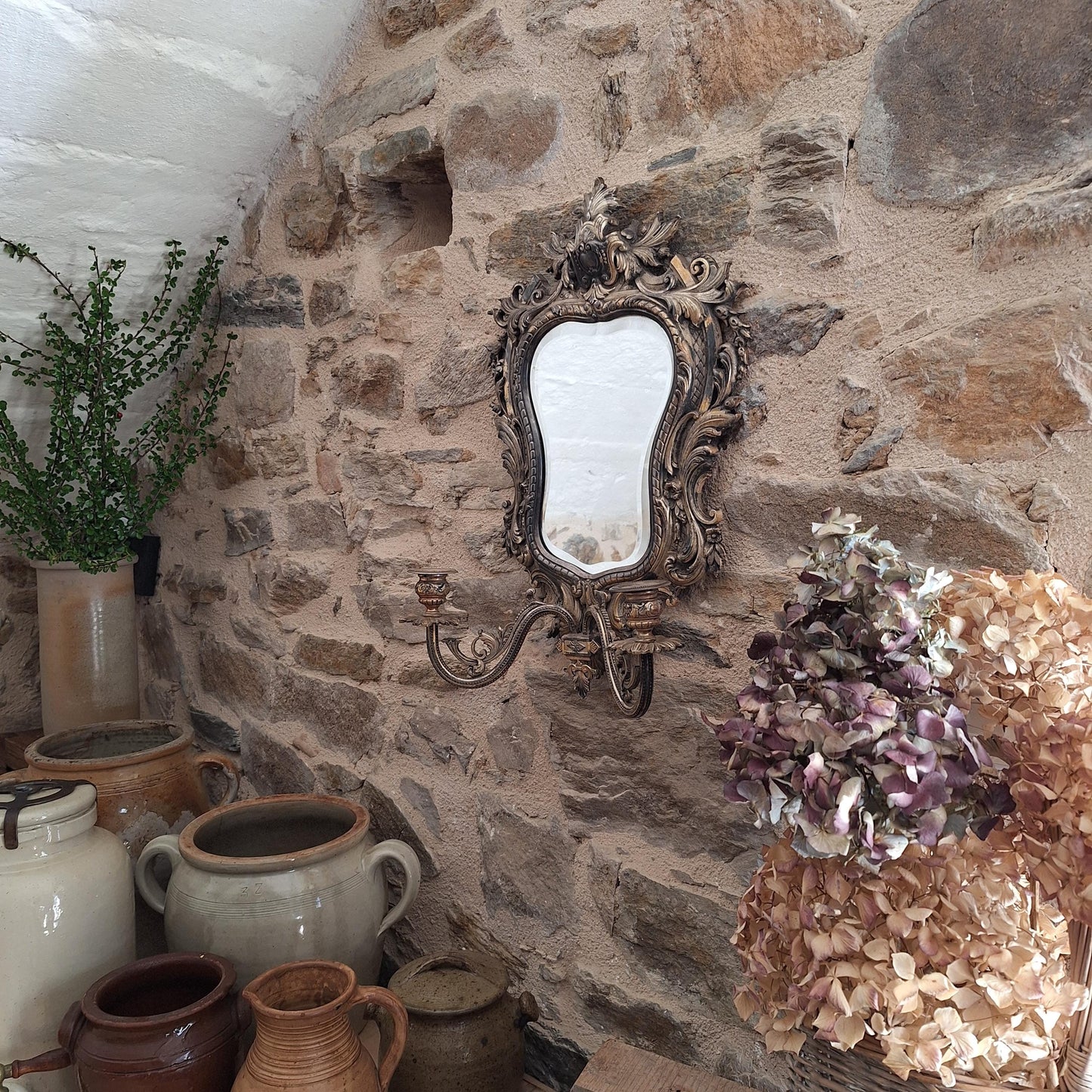 Antique French ornate Metal Mirror with twin candelabras, c1900