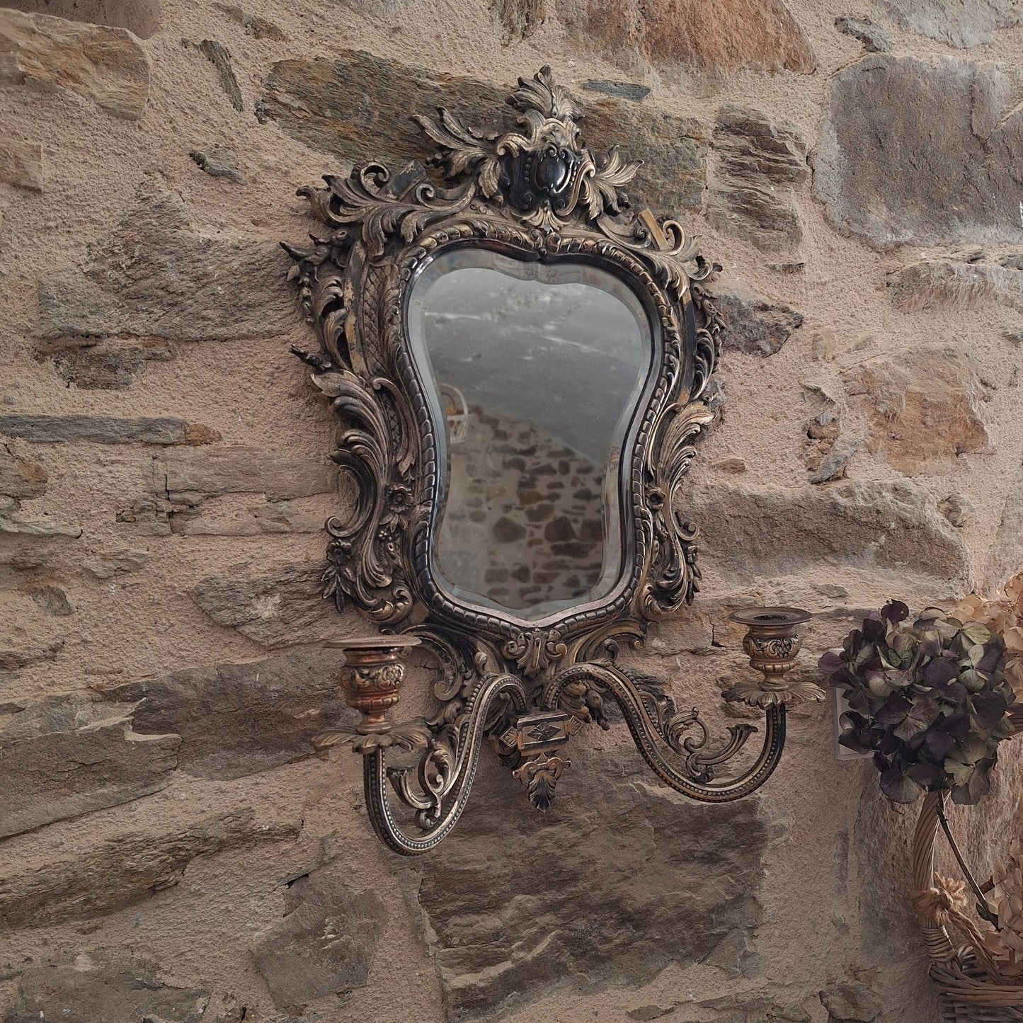 Antique French ornate Metal Mirror with twin candelabras, c1900