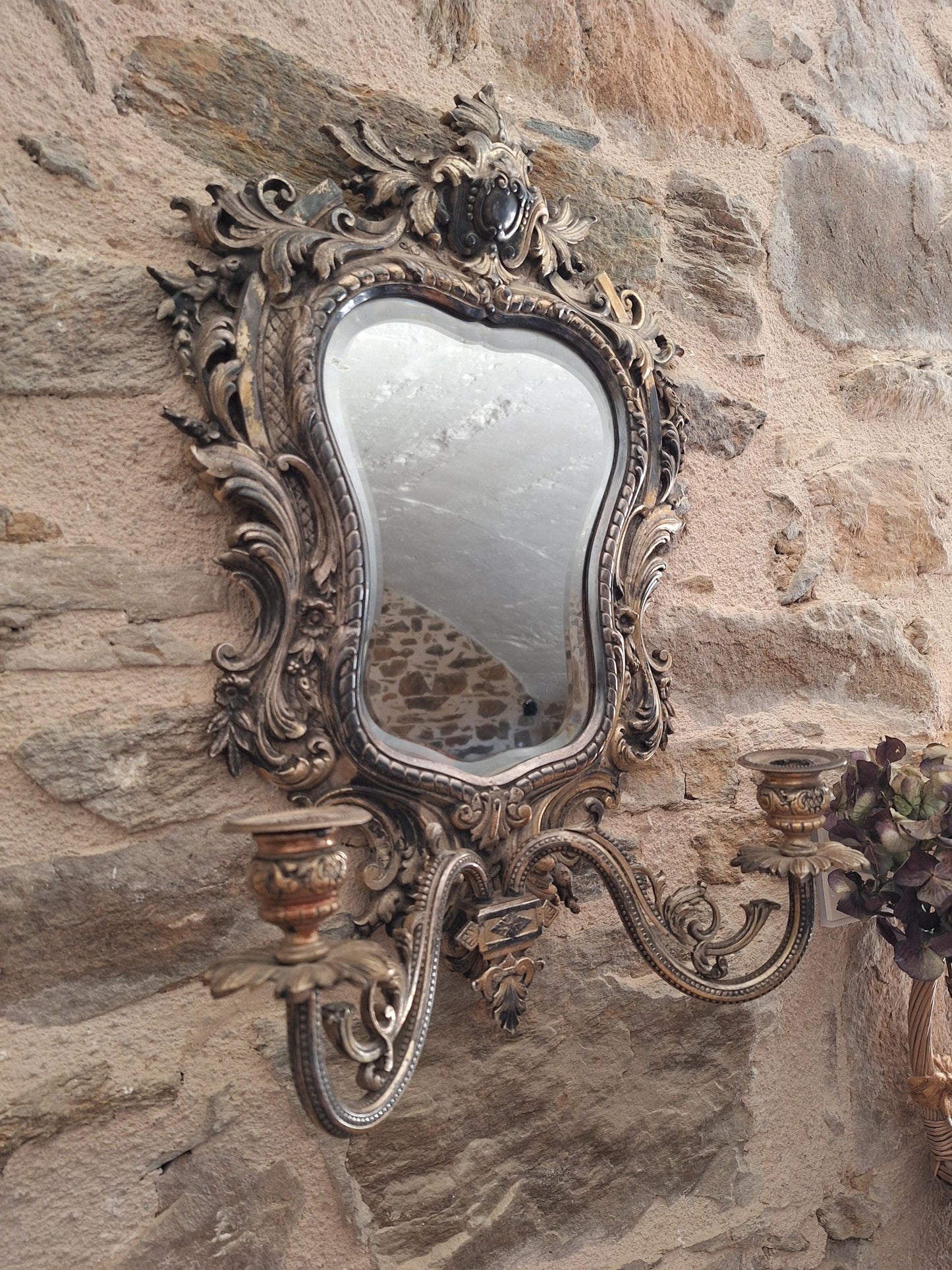 Antique French ornate Metal Mirror with twin candelabras, c1900