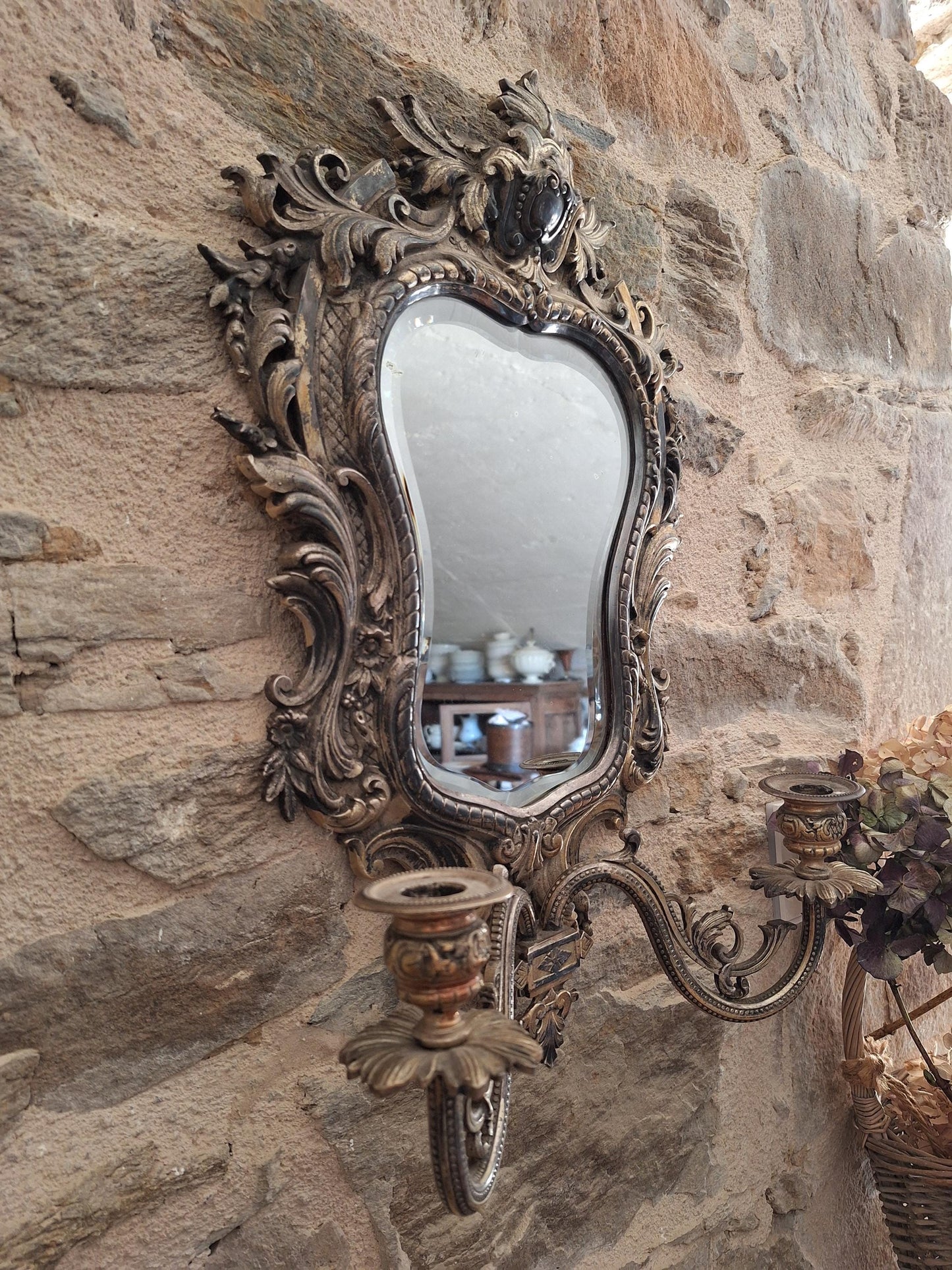 Antique French ornate Metal Mirror with twin candelabras, c1900