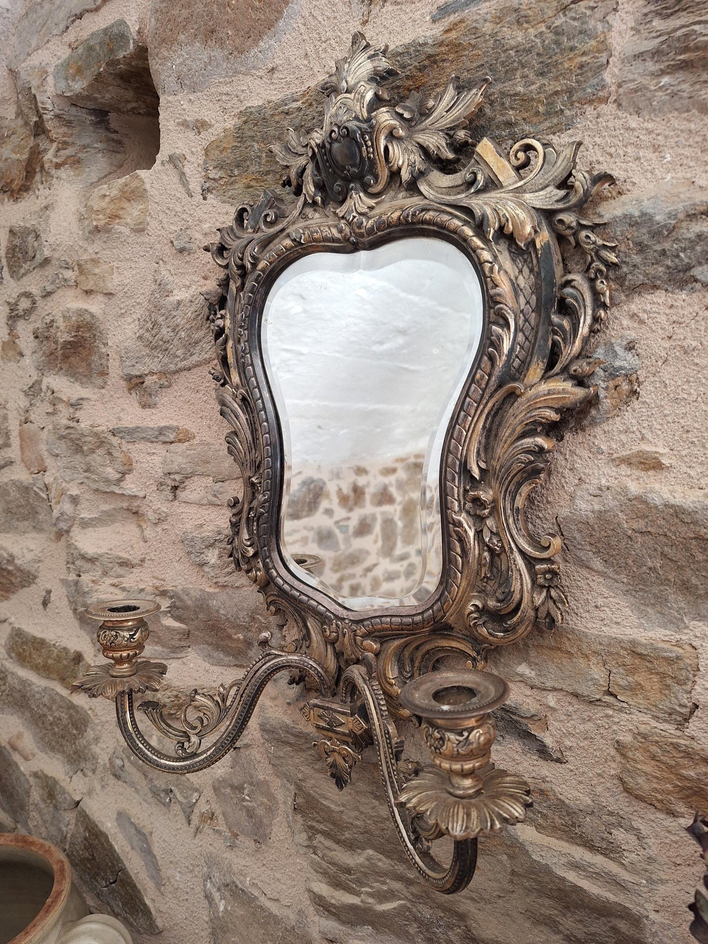 Antique French ornate Metal Mirror with twin candelabras, c1900