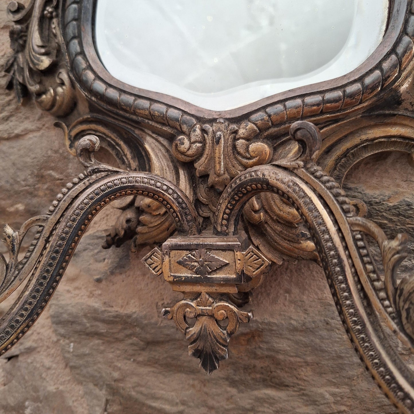 Antique French ornate Metal Mirror with twin candelabras, c1900