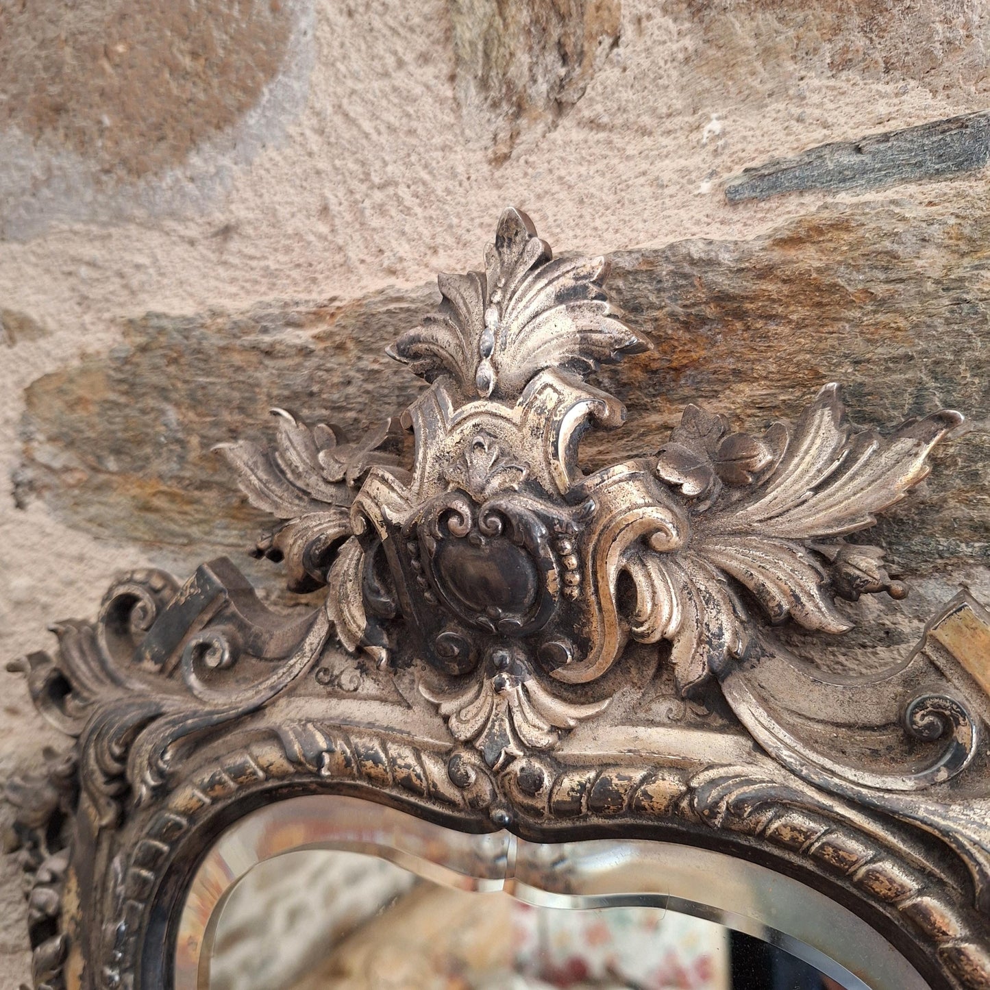 Antique French ornate Metal Mirror with twin candelabras, c1900