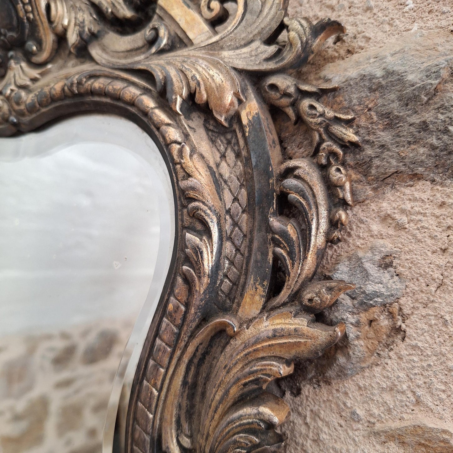 Antique French ornate Metal Mirror with twin candelabras, c1900
