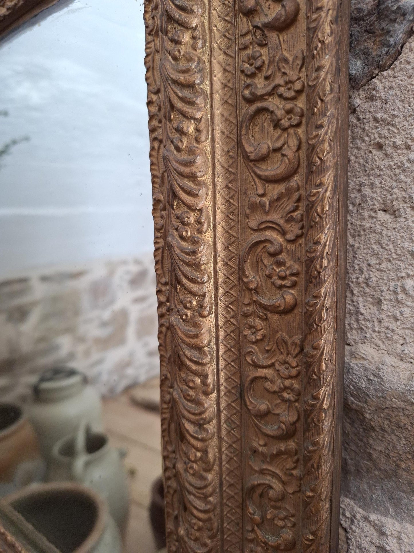 Antique French Rectangular Mirror Ornate Frame Birds Flowers c1900