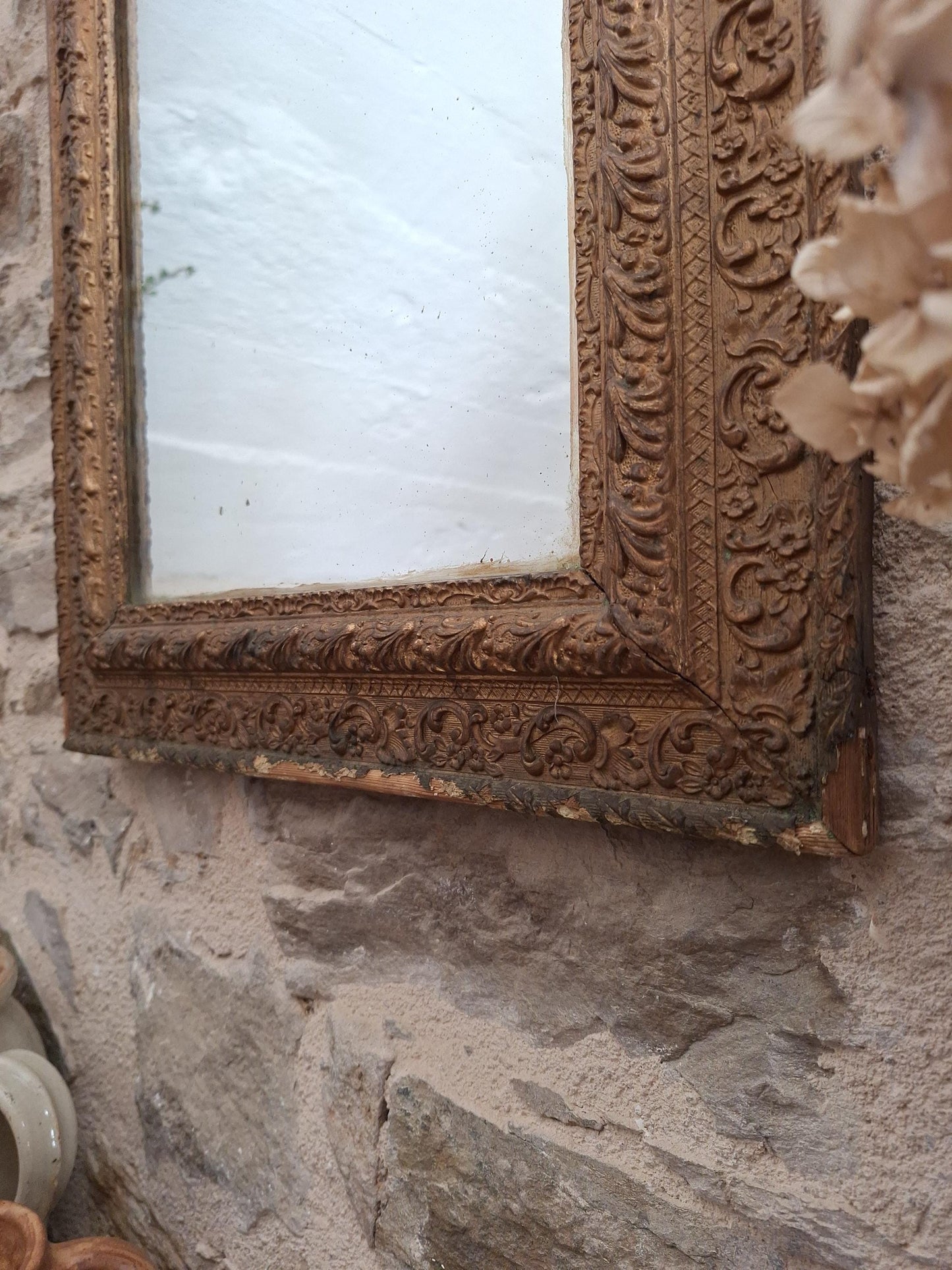 Antique French Rectangular Mirror Ornate Frame Birds Flowers c1900