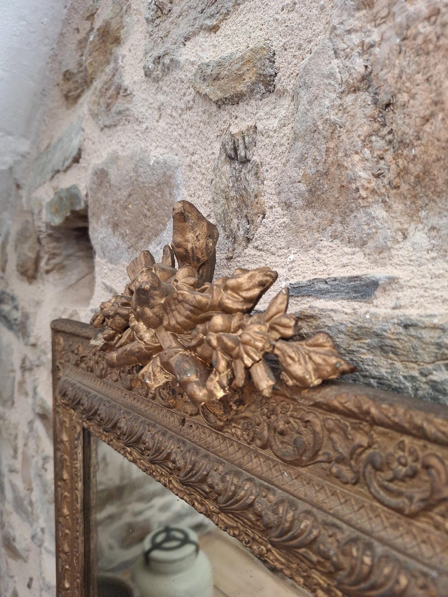 Antique French Rectangular Mirror Ornate Frame Birds Flowers c1900