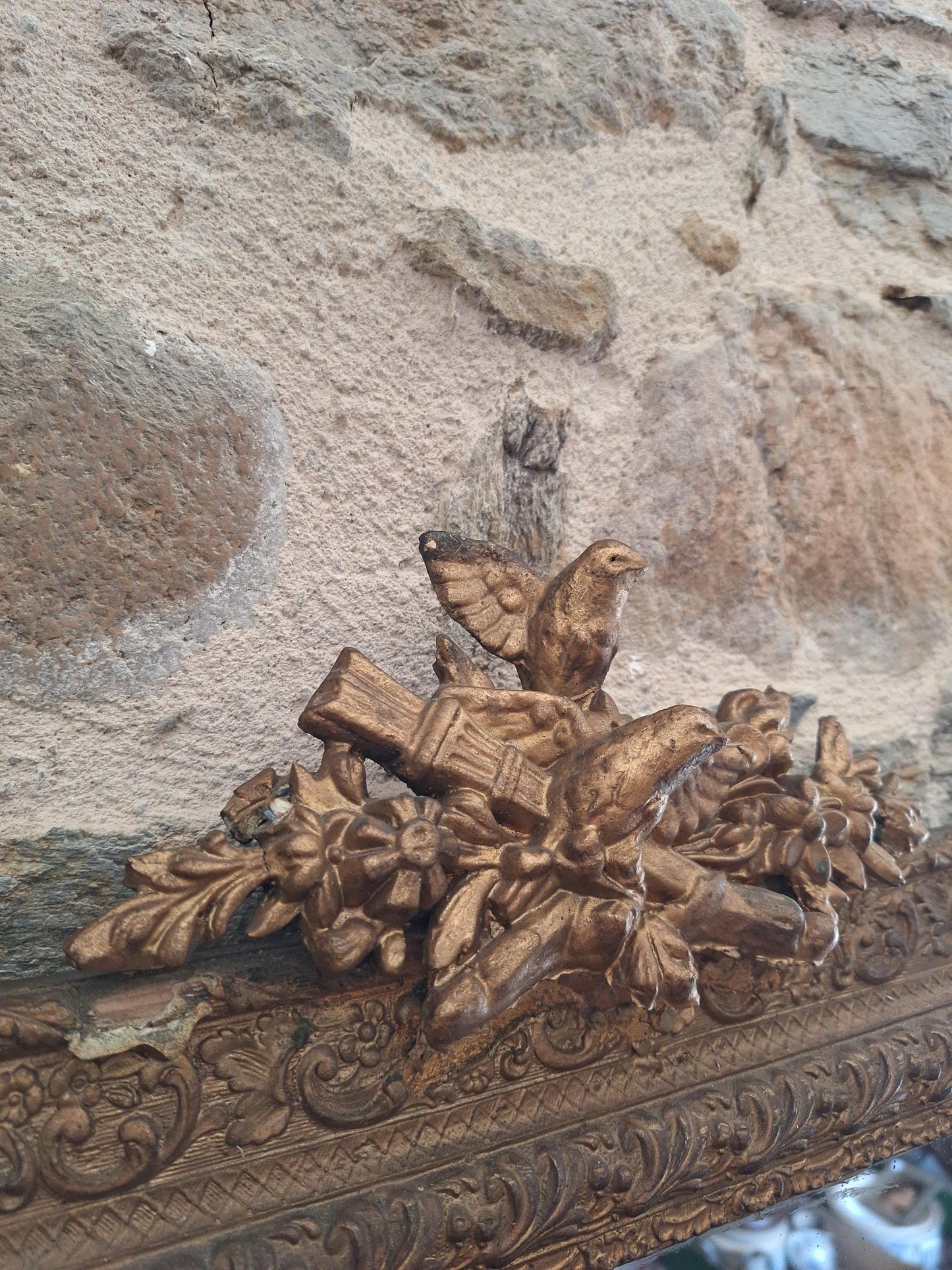 Antique French Rectangular Mirror Ornate Frame Birds Flowers c1900