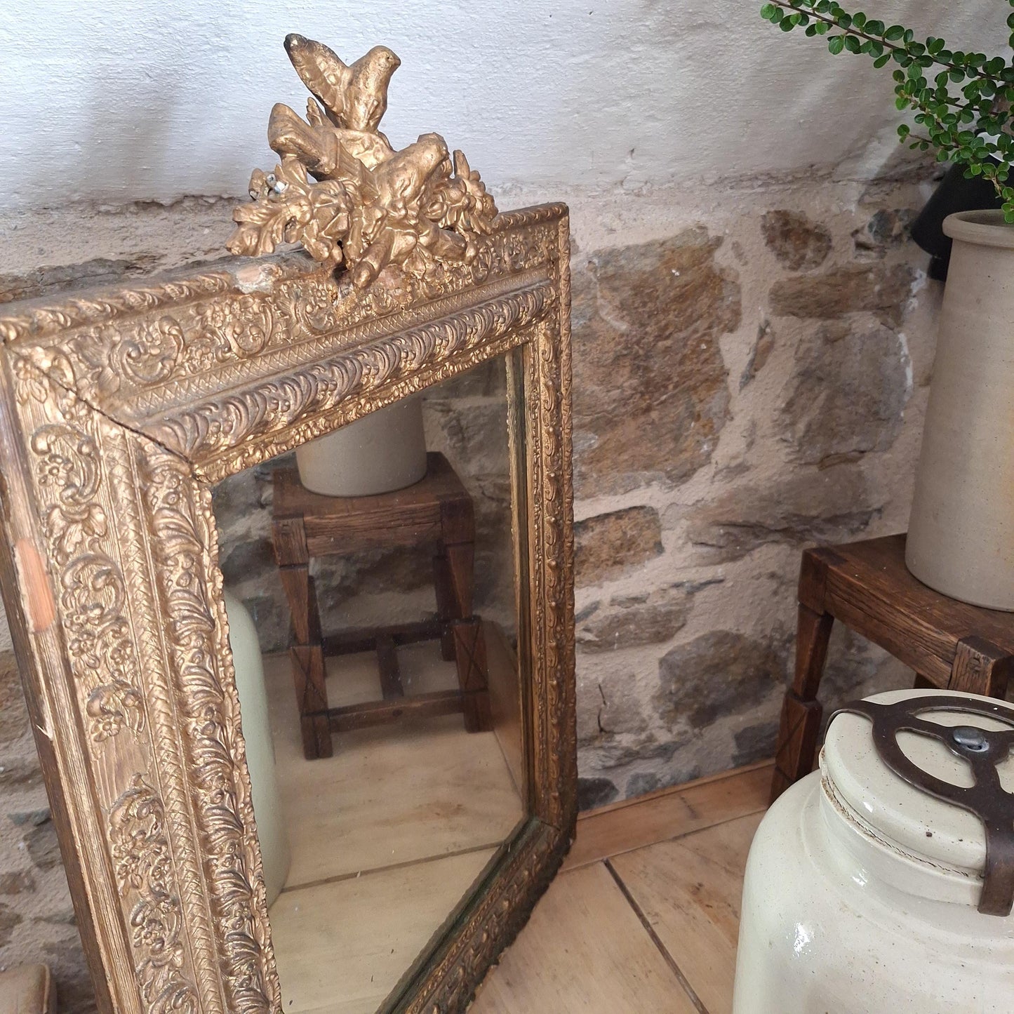 Antique French Rectangular Mirror Ornate Frame Birds Flowers c1900