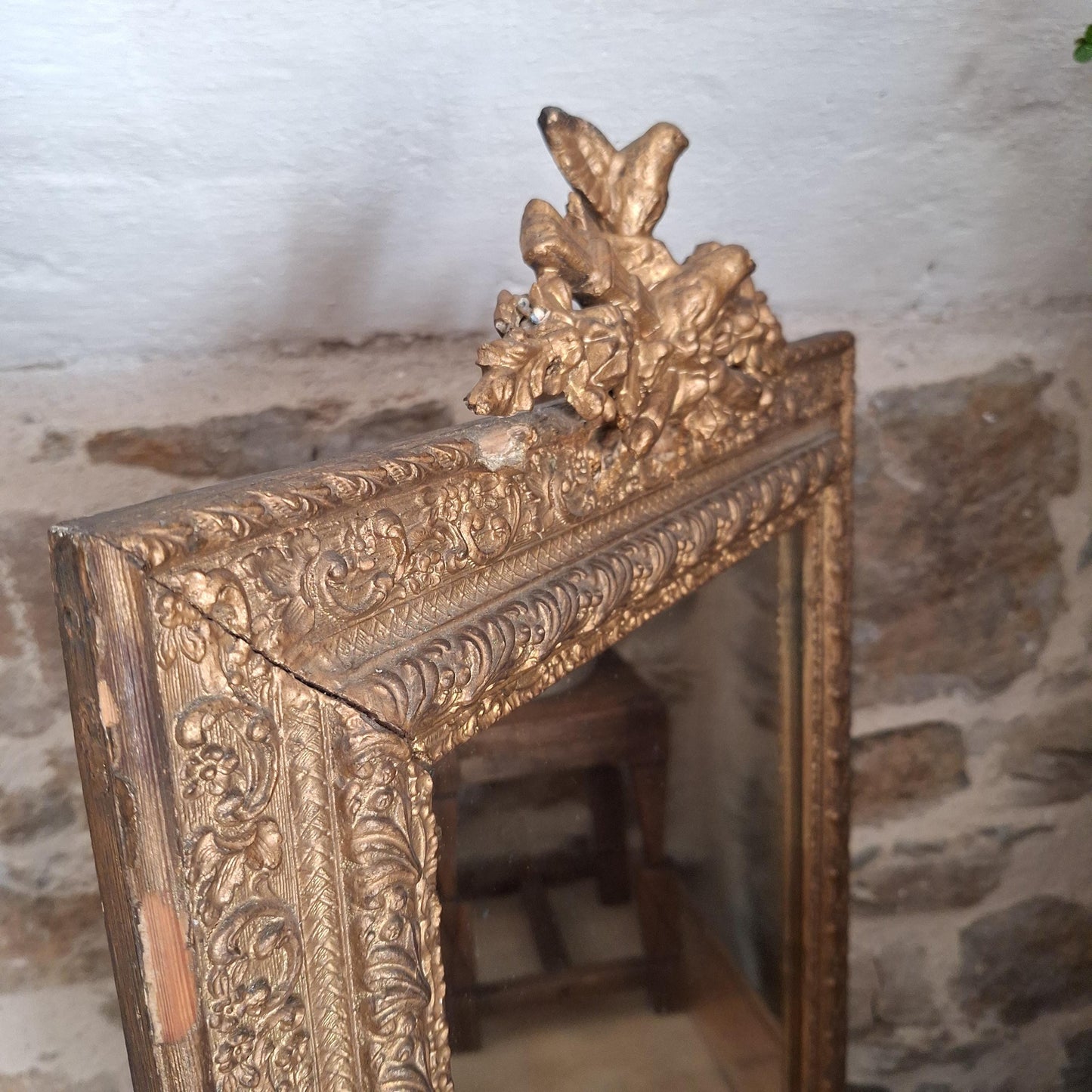 Antique French Rectangular Mirror Ornate Frame Birds Flowers c1900