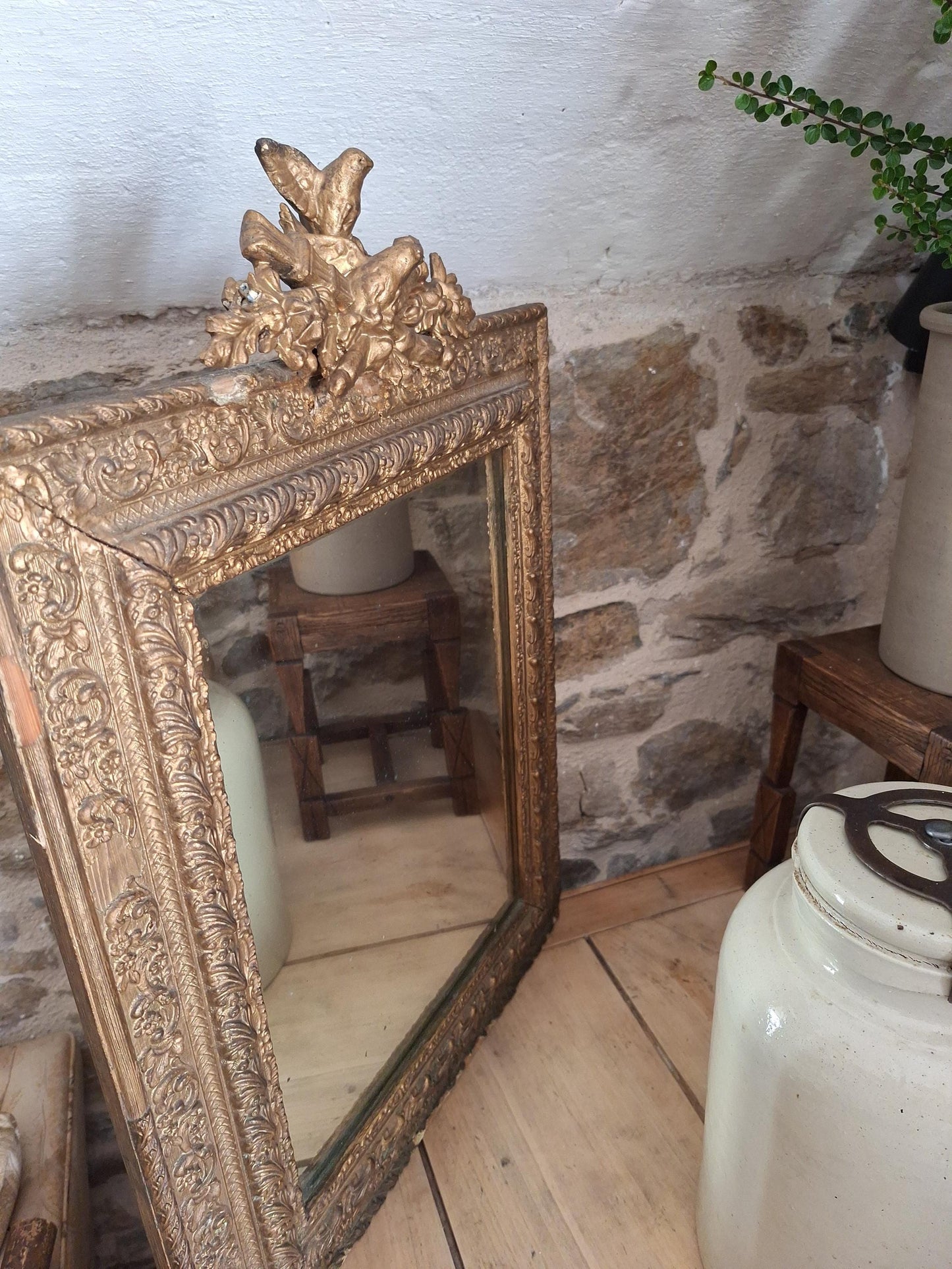 Antique French Rectangular Mirror Ornate Frame Birds Flowers c1900