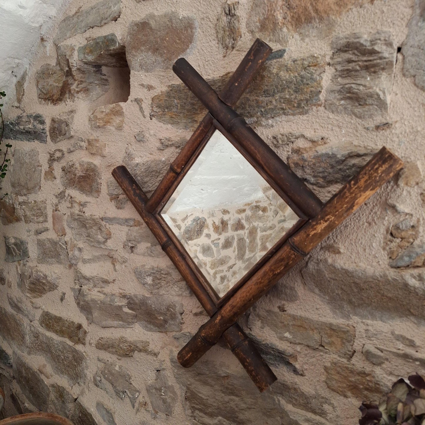 Antique French Bamboo Mirror Diamond Shape c1900 Wall Mirror