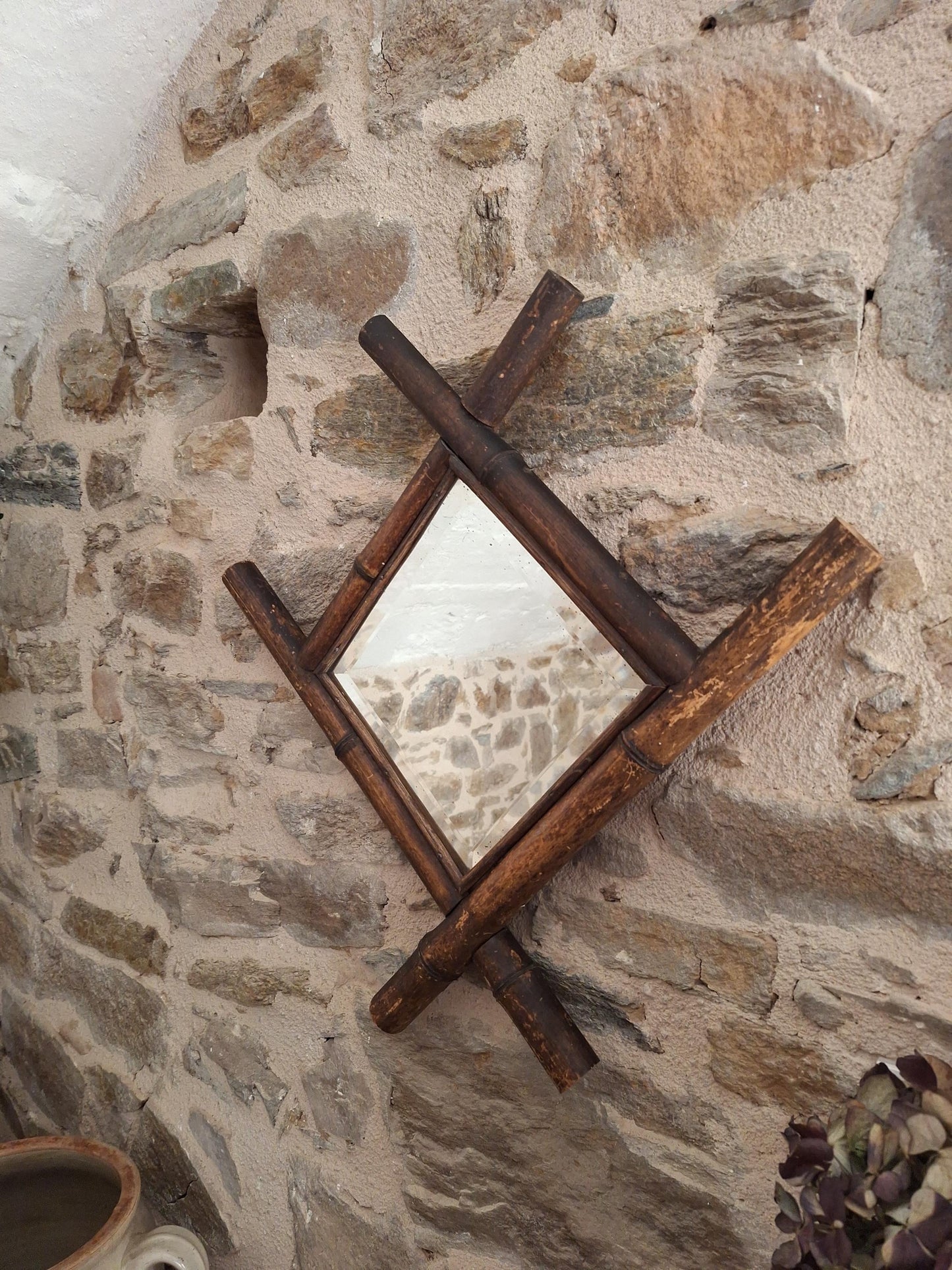 Antique French Bamboo Mirror Diamond Shape c1900 Wall Mirror