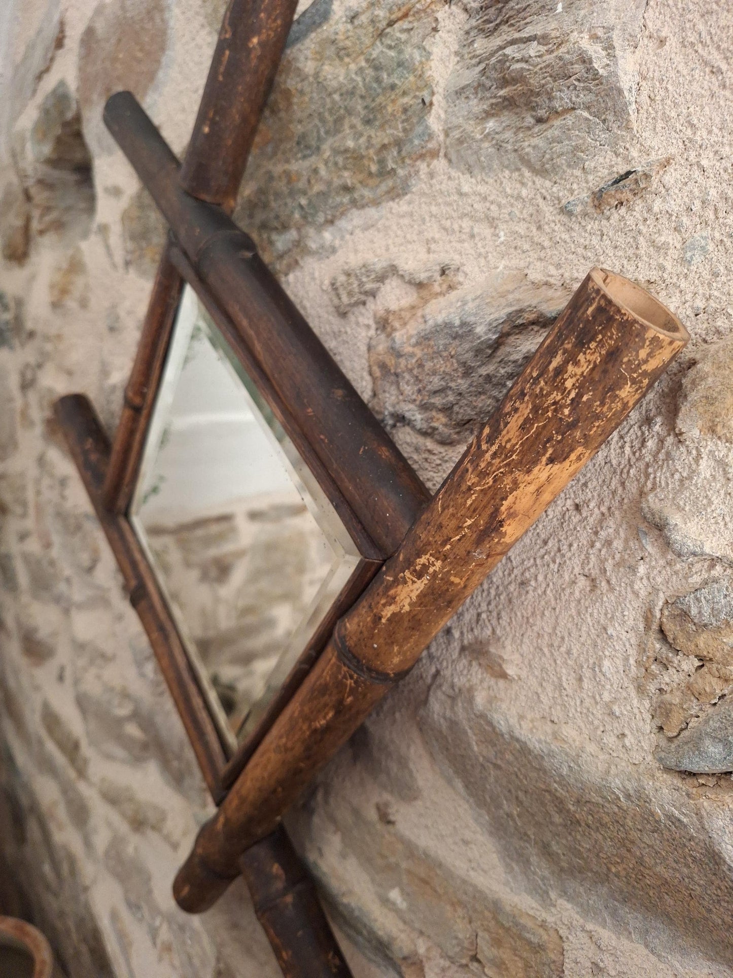 Antique French Bamboo Mirror Diamond Shape c1900 Wall Mirror