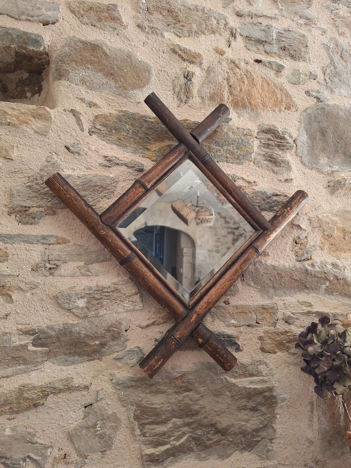 Antique French Bamboo Mirror Diamond Shape c1900 Wall Mirror