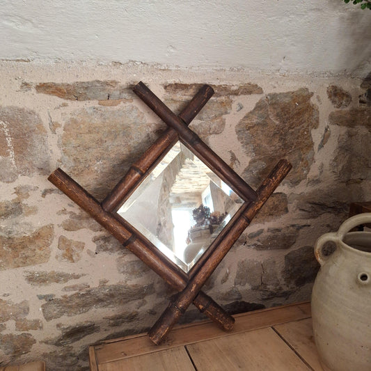 Antique French Bamboo Mirror Diamond Shape c1900 Wall Mirror