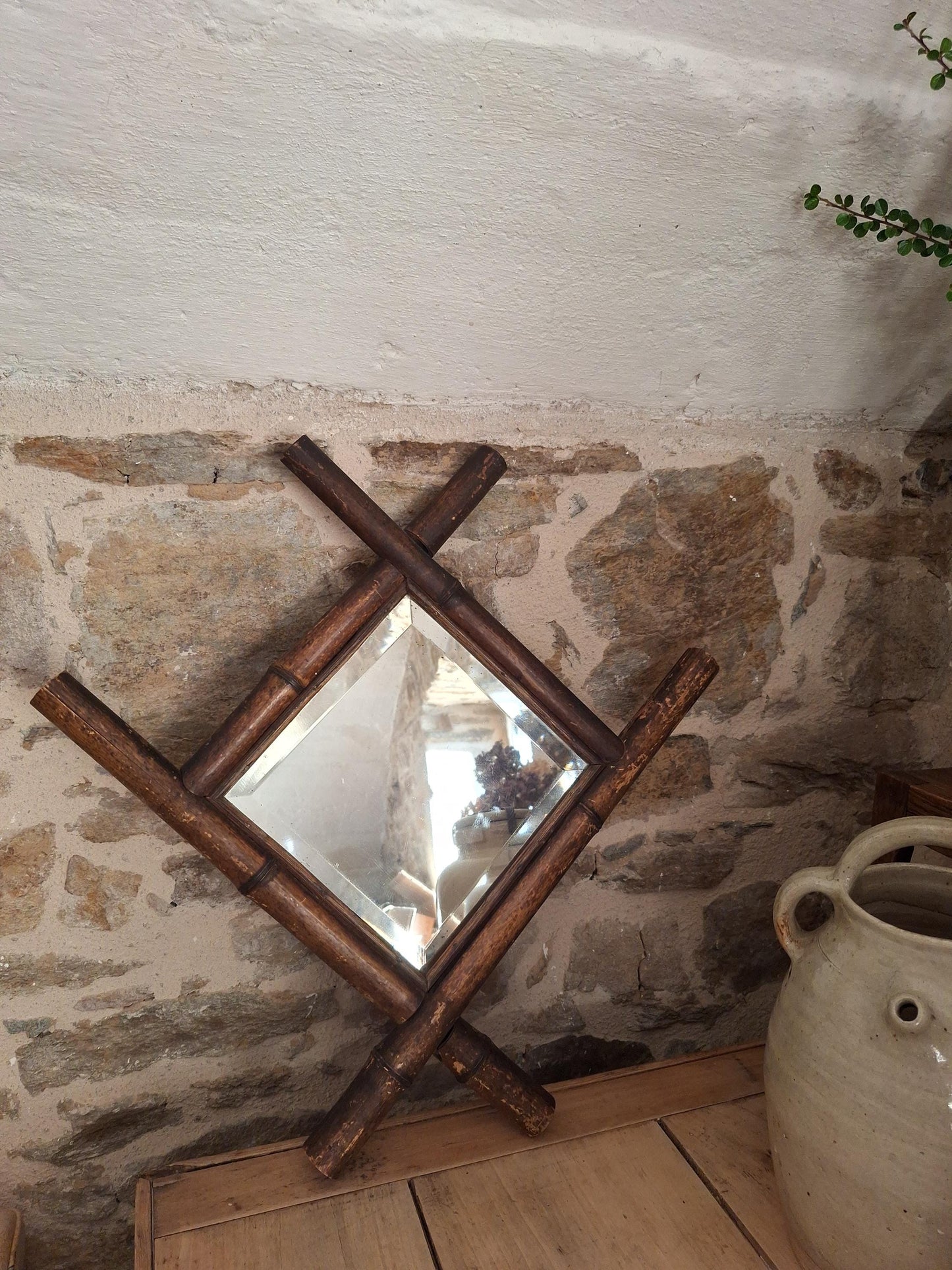 Antique French Bamboo Mirror Diamond Shape c1900 Wall Mirror