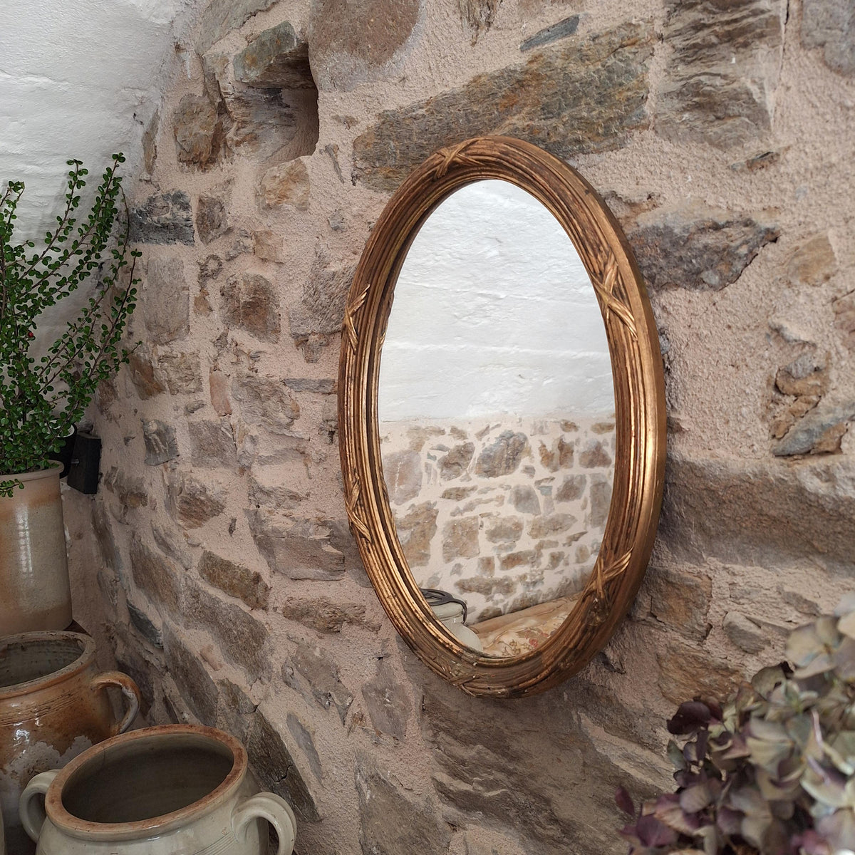 Antique French Oval Mirror wood and plaster Frame Cross Motif c1920 Wall Mirror