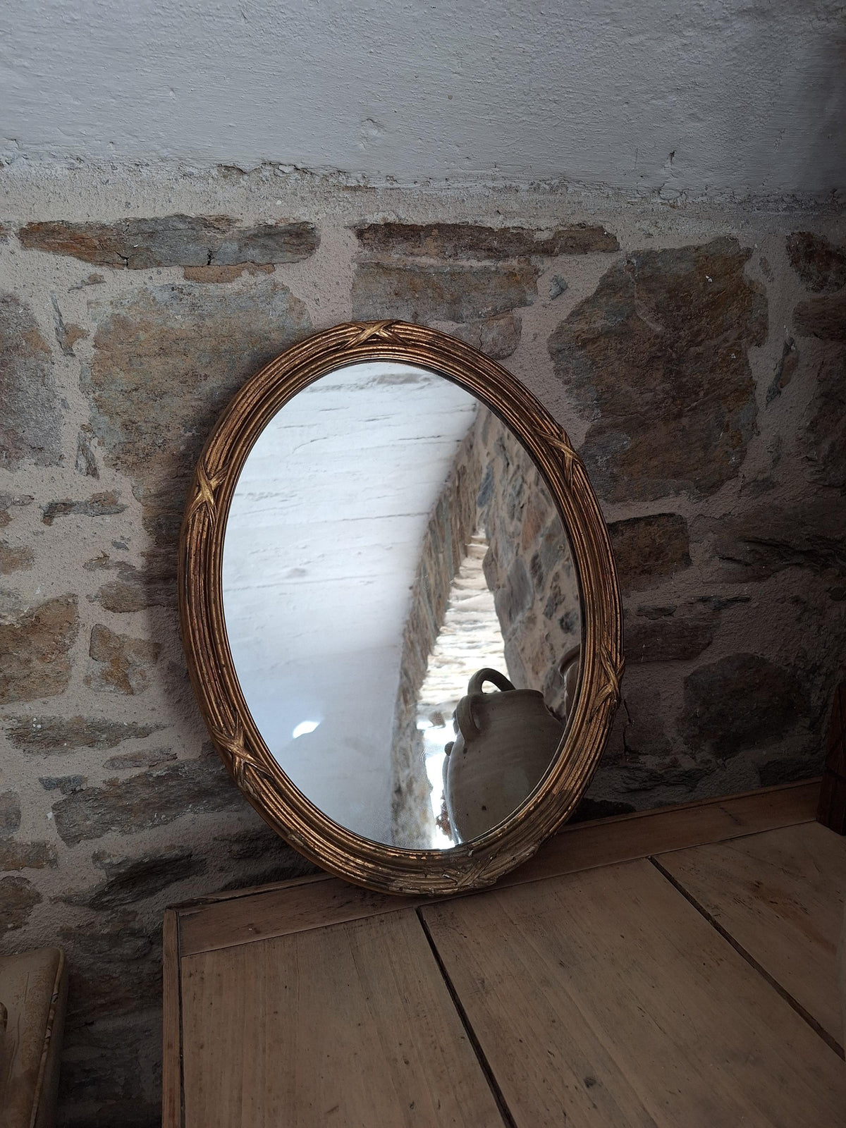 Antique French Oval Mirror wood and plaster Frame Cross Motif c1920 Wall Mirror