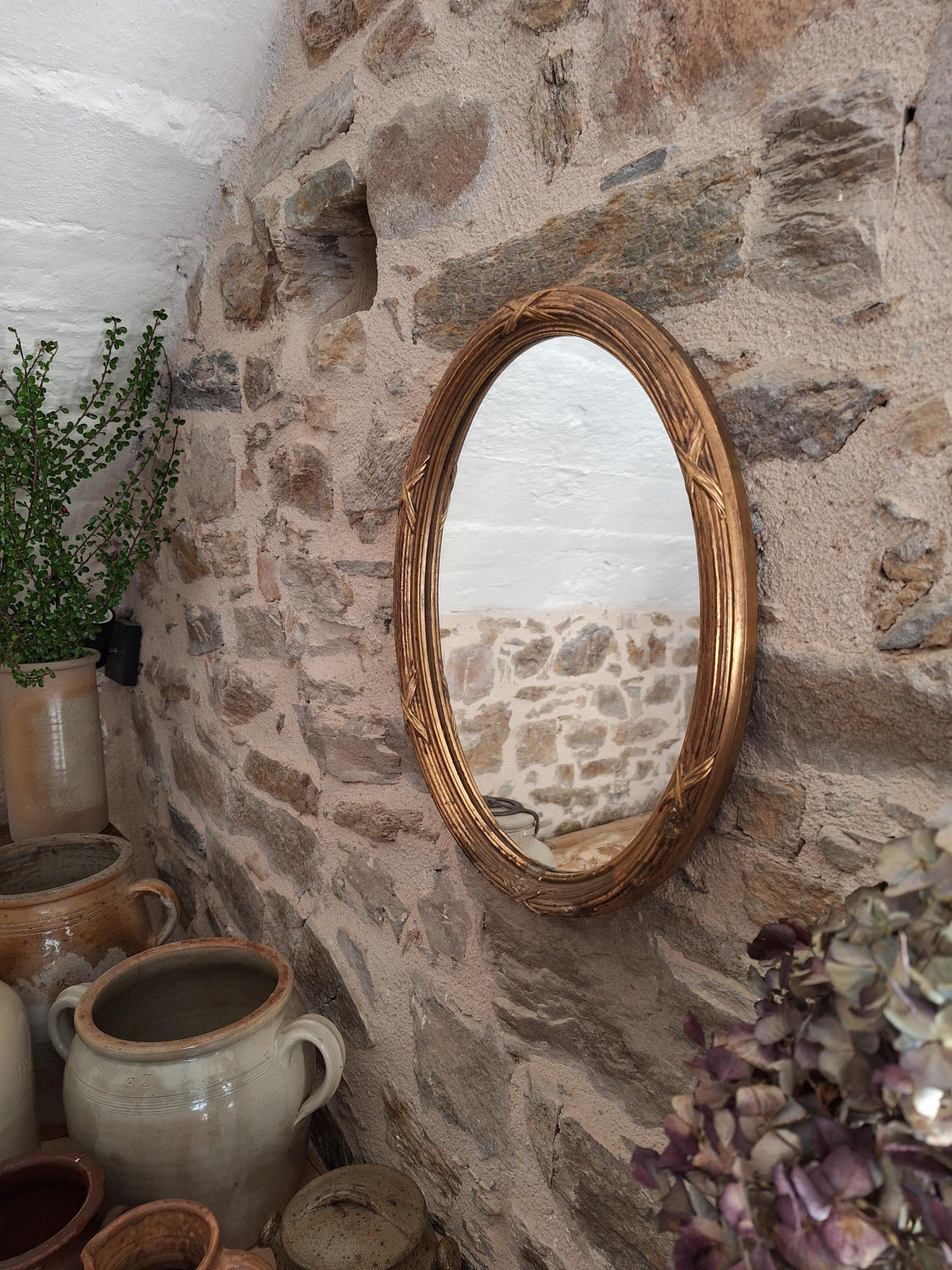 Antique French Oval Mirror wood and plaster Frame Cross Motif c1920 Wall Mirror