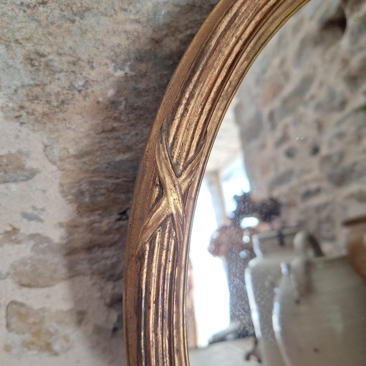 Antique French Oval Mirror wood and plaster Frame Cross Motif c1920 Wall Mirror