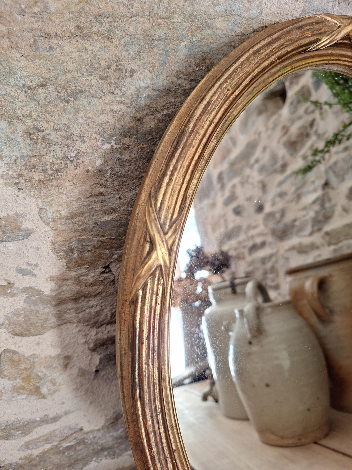 Antique French Oval Mirror wood and plaster Frame Cross Motif c1920 Wall Mirror