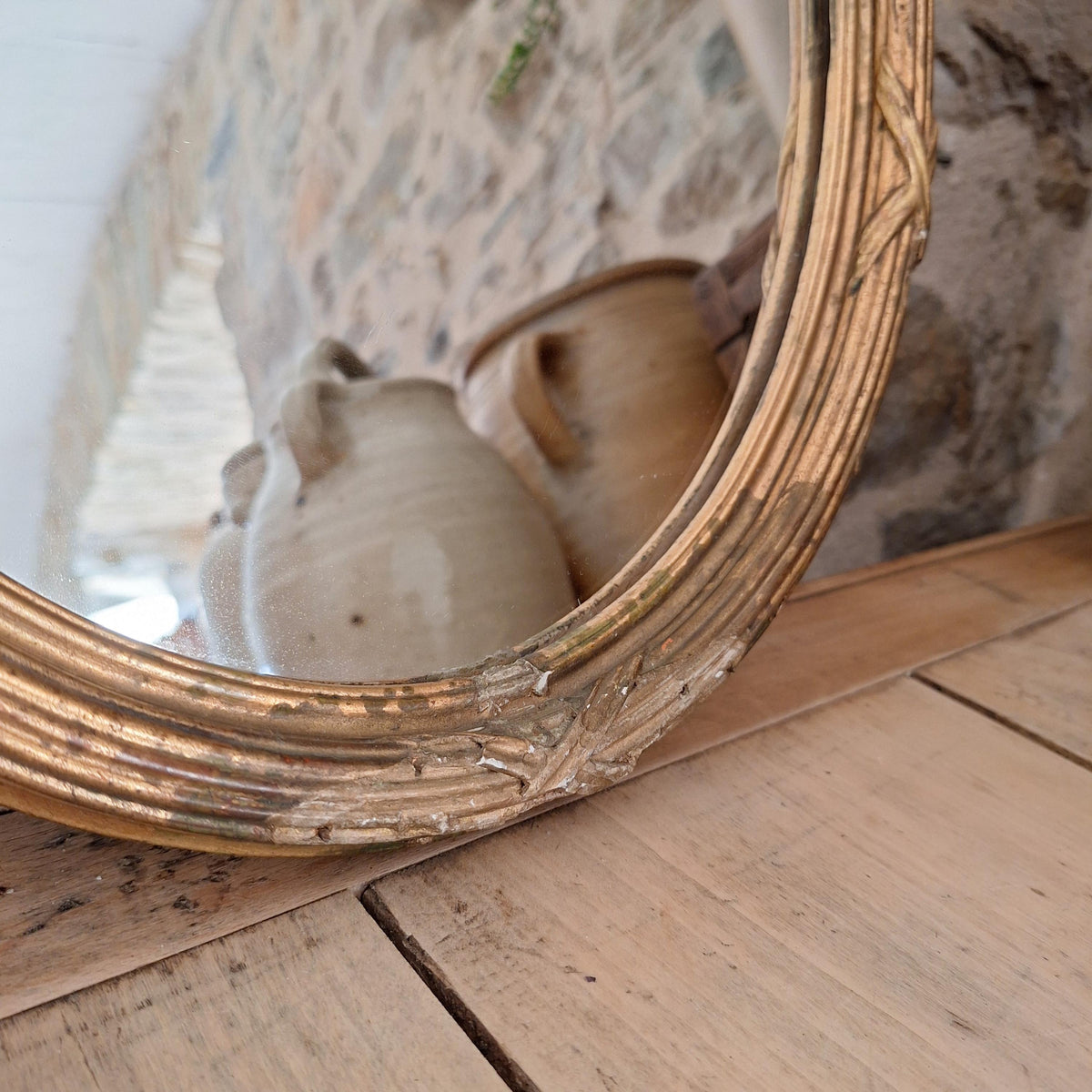 Antique French Oval Mirror wood and plaster Frame Cross Motif c1920 Wall Mirror