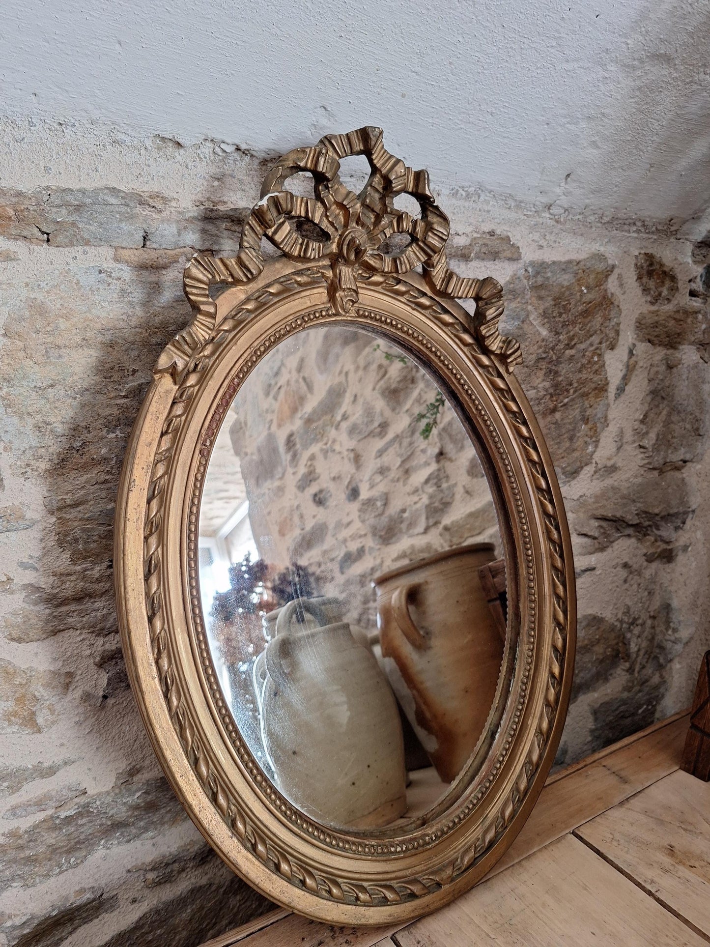 Antique French Oval Mirror with Ribbon Motif Moulding, Gilt Wood Plaster Frame c1890, Medium Size