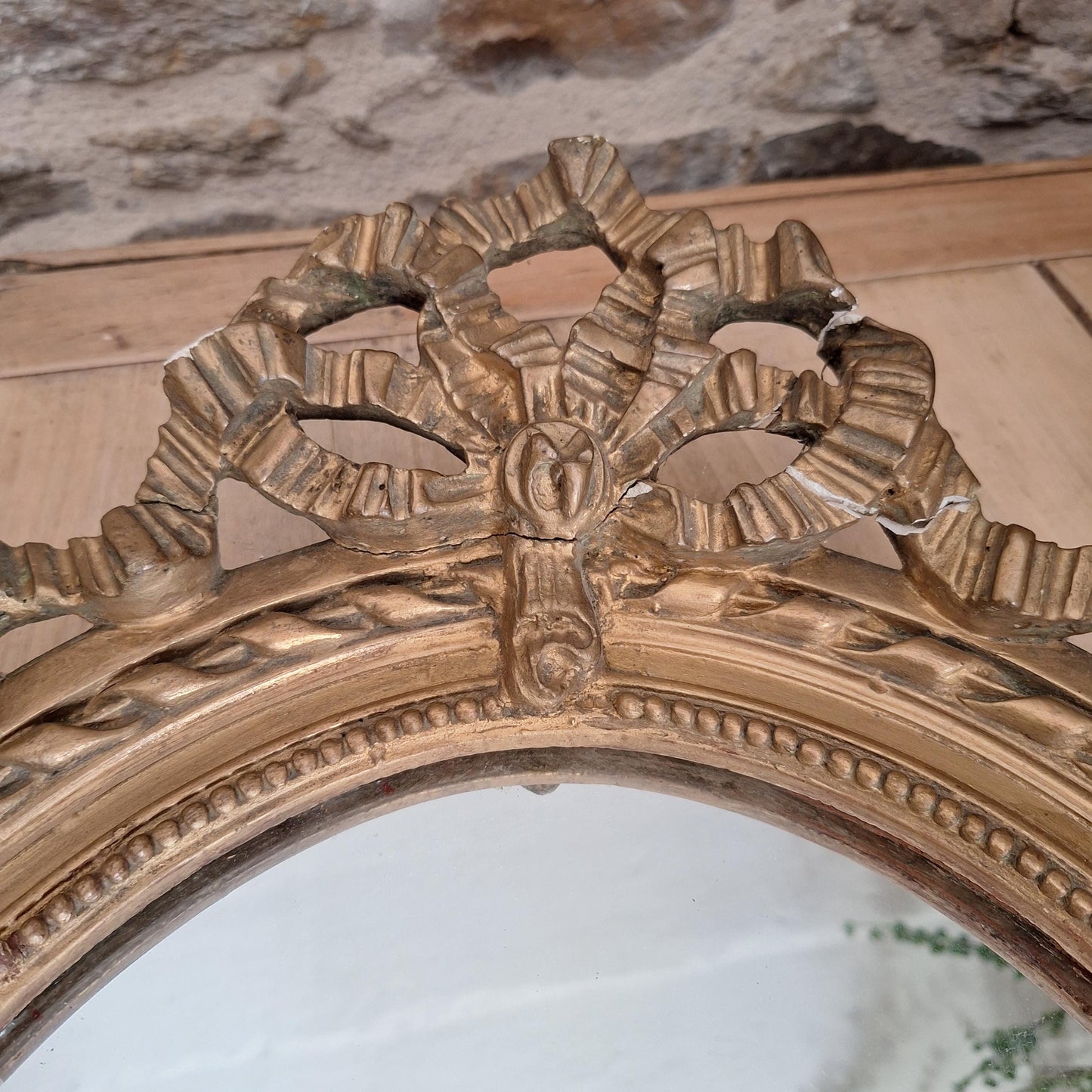 Antique French Oval Mirror with Ribbon Motif Moulding, Gilt Wood Plaster Frame c1890, Medium Size