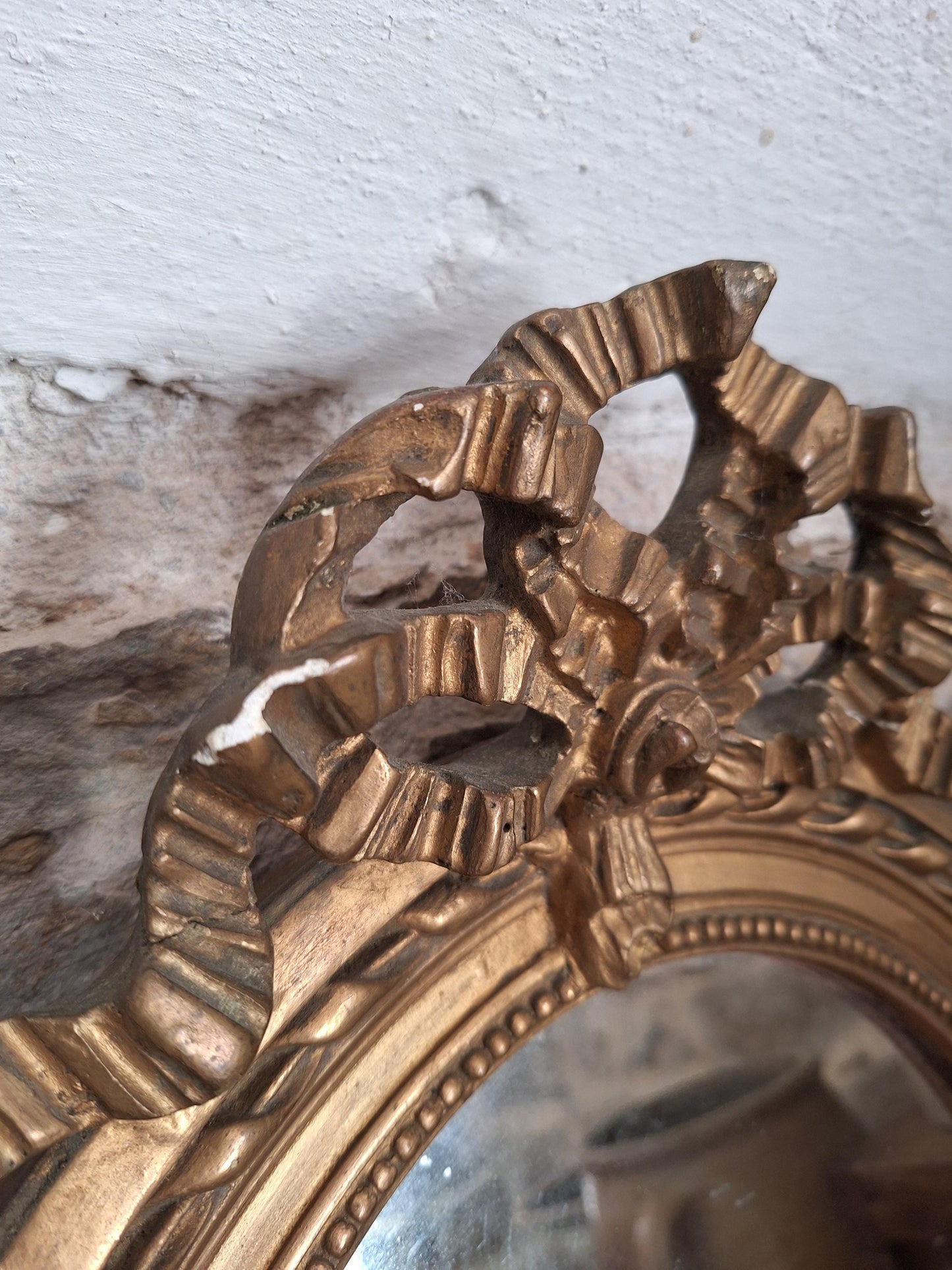 Antique French Oval Mirror with Ribbon Motif Moulding, Gilt Wood Plaster Frame c1890, Medium Size