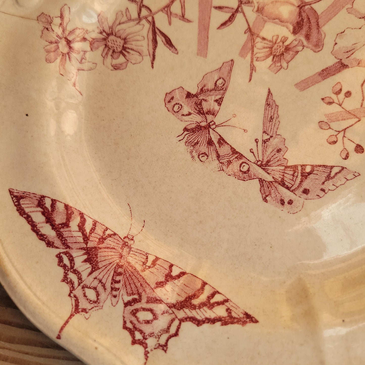 Antique Red Transferware Dinner Plate with Butterflies and Floral Motif, France c.1890