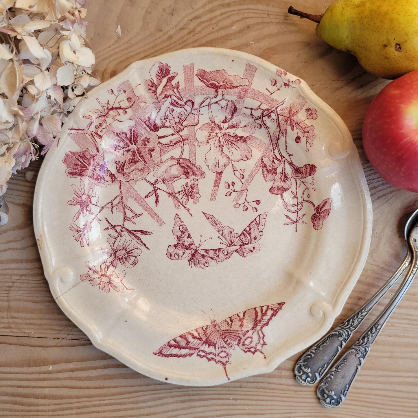 Antique Red Transferware Dinner Plate with Butterflies and Floral Motif, France c.1890