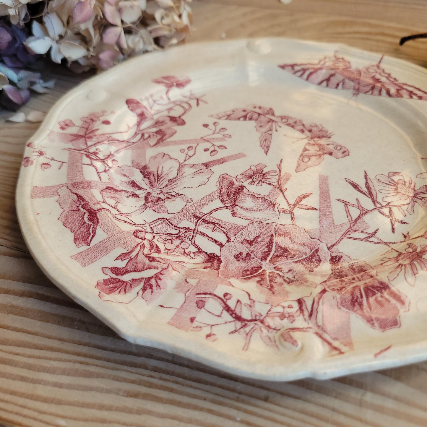 Antique Red Transferware Dinner Plate with Butterflies and Floral Motif, France c.1890